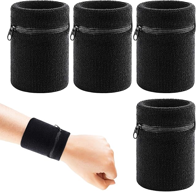 CHALA 4pcs Zipper Sports Wristband,Black Wrist Wrap Wallet Absorbent Sweatbands Pouch Store Key ID Cards Coins for Men & Women Outdoor Walking Hiking Running Travel (b)