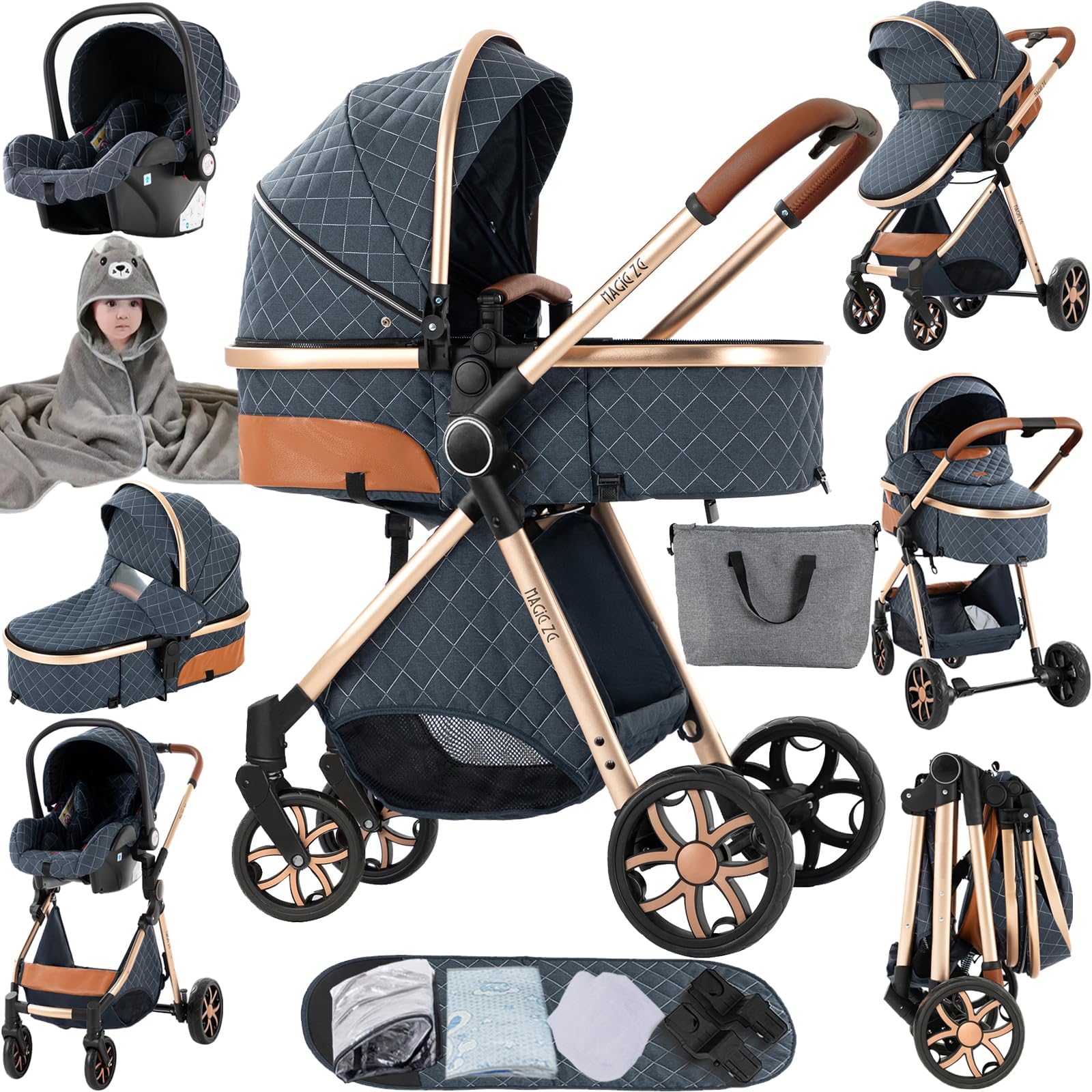 Magic ZC PU Leather 3 in 1 Pushchair Pram Travel System, Baby Stroller 3 in 1 with Reversible Two Pushing Modes, Newborn Infant Carriage One-Click Folding, Toddler Buggy Aluminum Frame (Black 518) — view 38