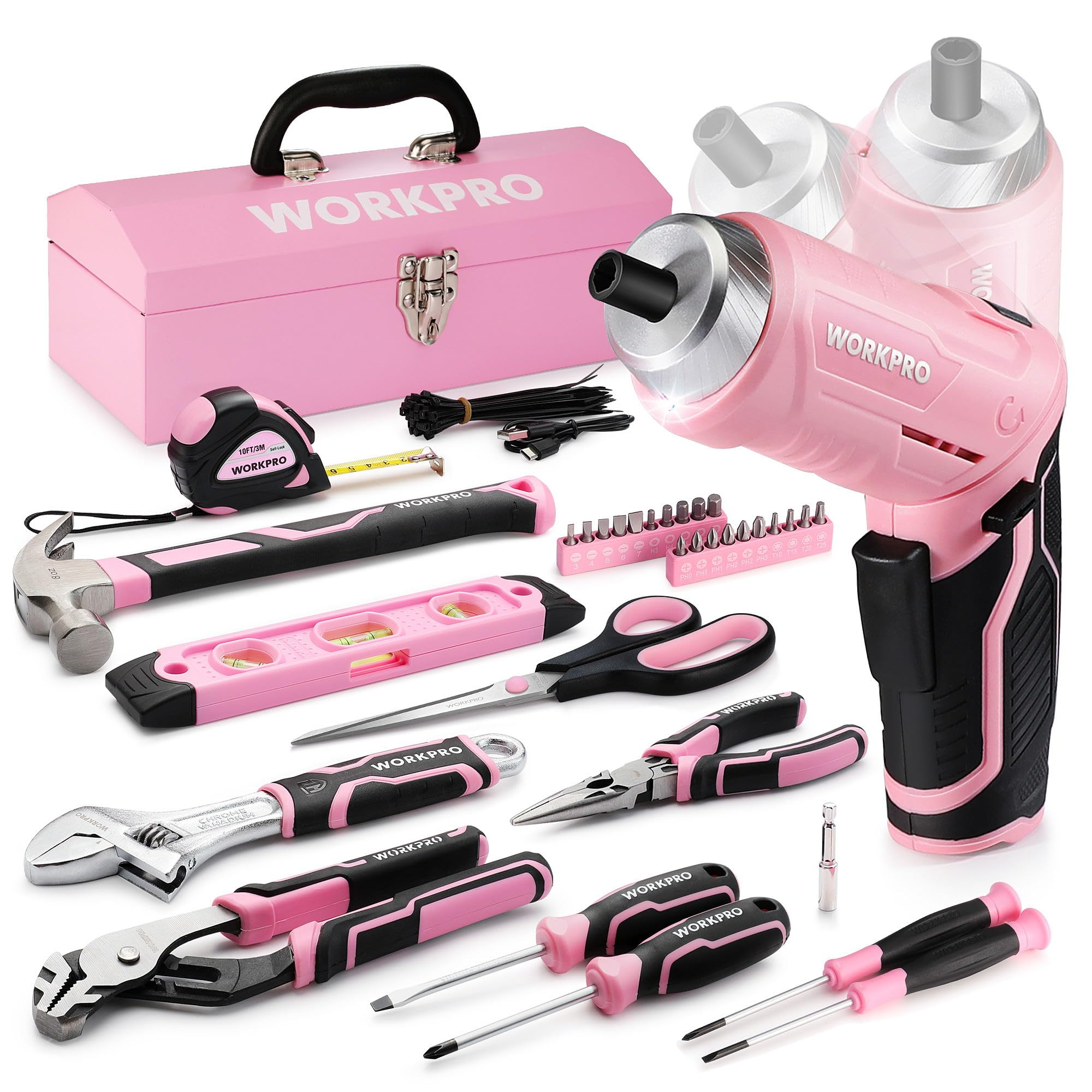 WORKPRO 73-Piece Pink Tool Set including Cordless 3.7V Screwdriver, Pink Tool Kit with Toolbox