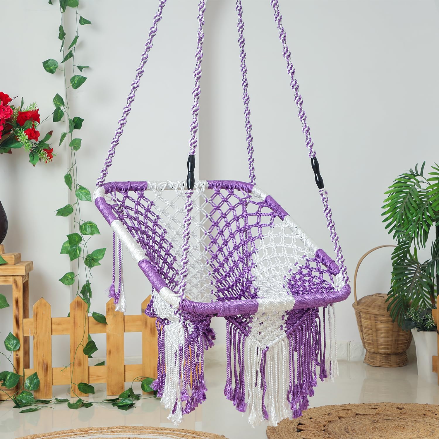 JULJULIA Square Shape Hammock Swing Hanging Chair uyyala jula for Adult Kids Indoor Outdoor Balcony Sturdy Cotton Indoor/Outdoor Jula for Balcony - White & Black (Pack of 1)-image-35