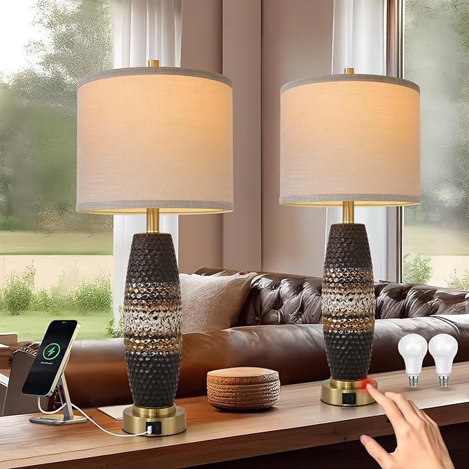 Terpsichore Terpsichore 3 Way Dimmable Farmhouse Table Lamps Bedroom Touch Bedside Lamp Modern Glazed Ceramic Lamp 2 Set with Fabric Shade,USB Type-C Port for Bedroom,Reading,Desk,Living Room,Office
