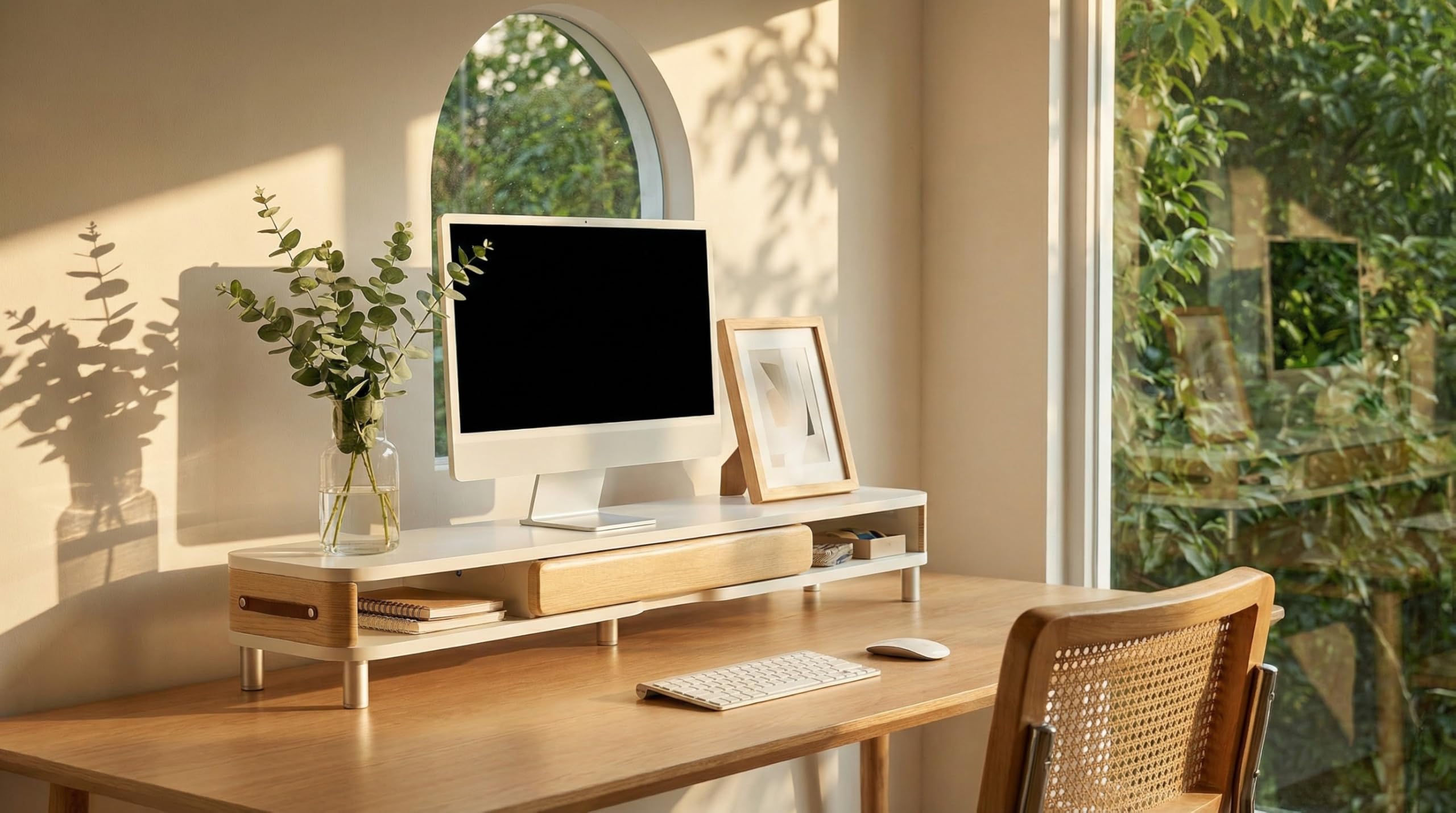 Fenge Alzata Monitor Doppio con Cassetto, Organizzatore Scrivania 108cm, Maniglia in Pelle, Ripiano per PC/Stampante/TV, 108×25×15,7cm, Capacità Max 35KG (Bianco)