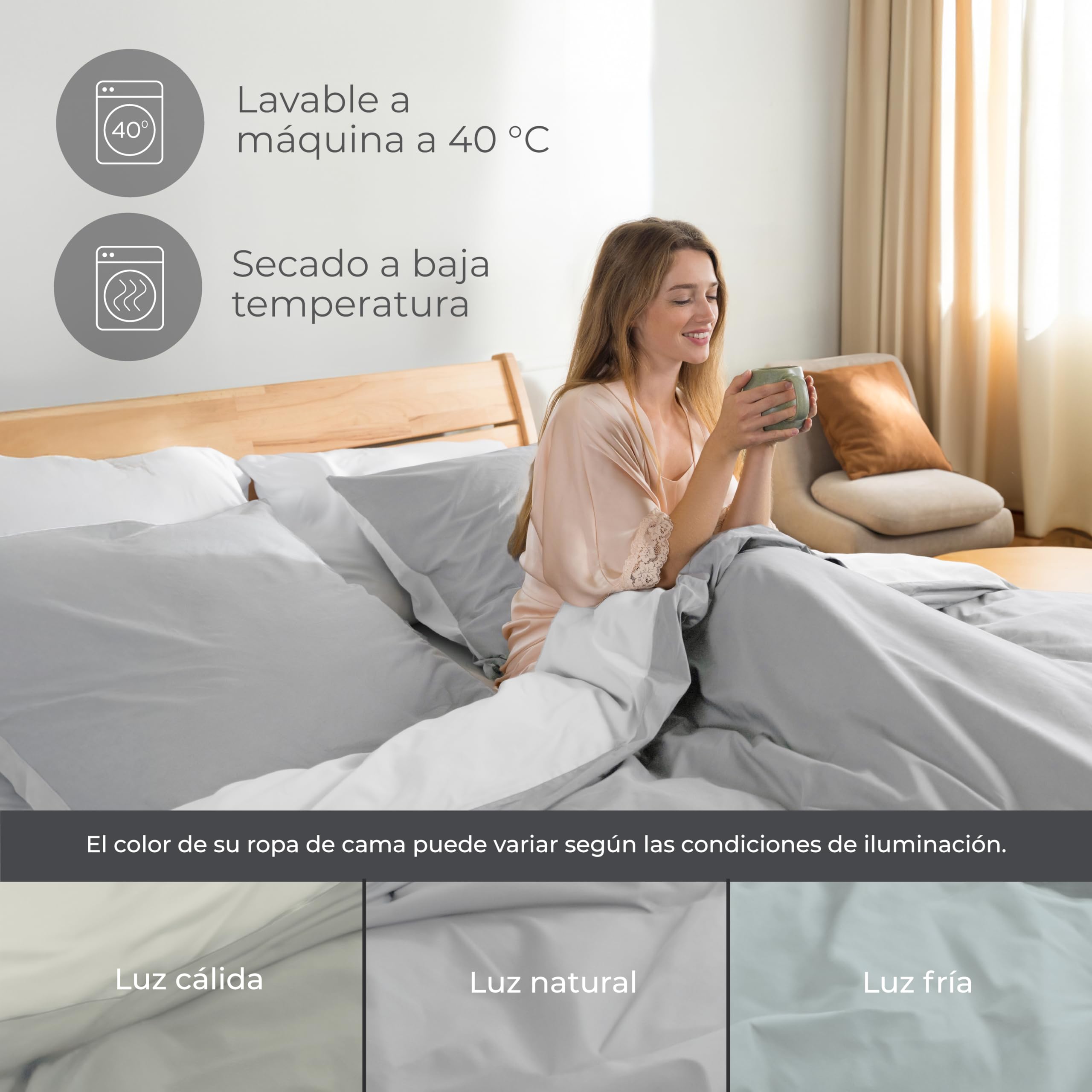 Dreamzie Funda nordica Cama 150/160 Algodon - Funda edredon 220x240 con Cierre + 2 Fundas Almohada 65x65 - Juego de Cama Liso y Reversible - Gris Claro
