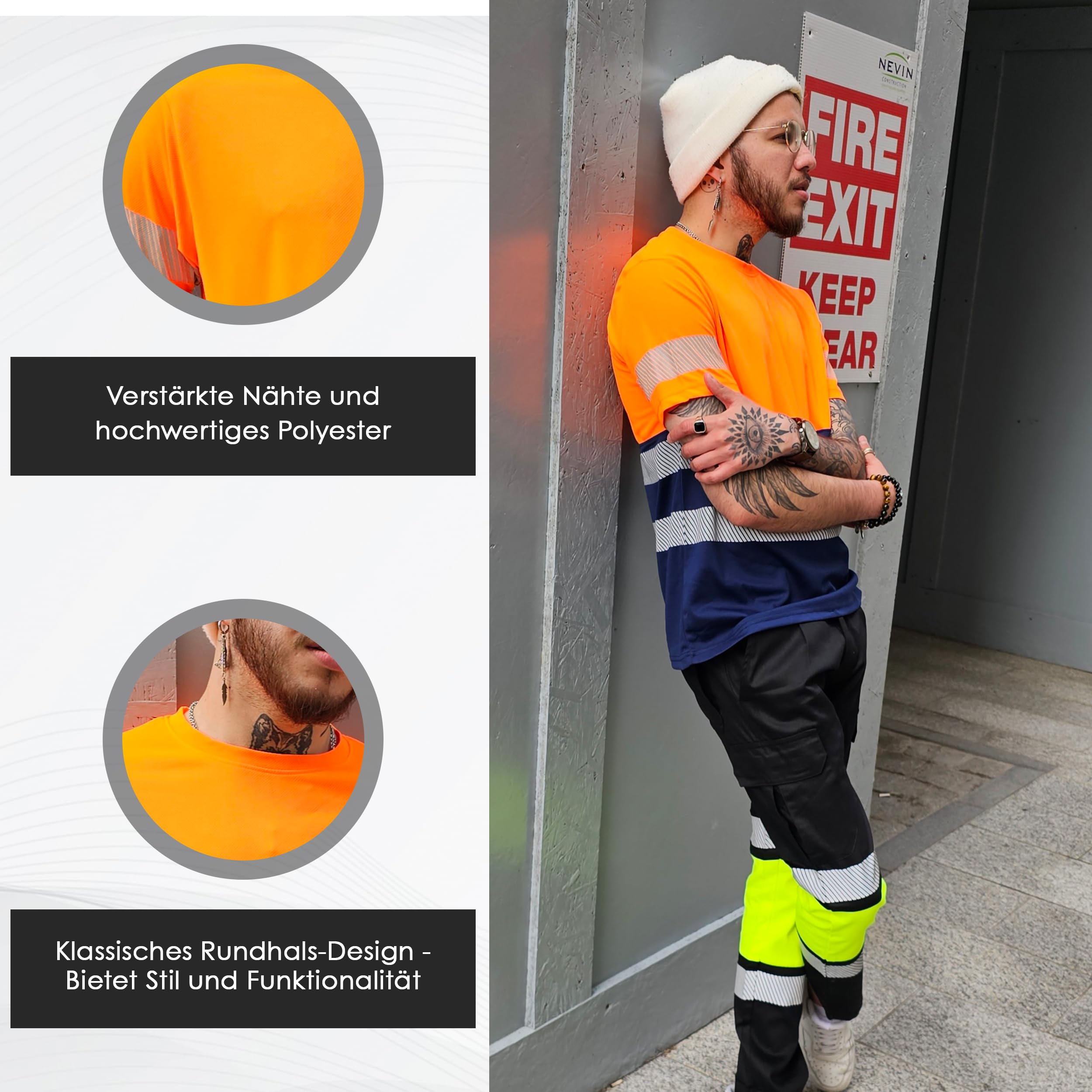 T-Shirt Haute Visibilité - Réfléchissant - Tee-Shirt de Protection de Sécurité - Avertissement - Hi-Vis - Orange/Marine - L