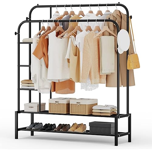 JOISCOPE Double Rods Portable Garment Rack for Hanging clothes, 49.4 * 64.5 Inch Metal Clothing Rack with Bottom Shelves and 4 Hooks,Freestanding Clothes Rack for Bedroom,Space Saving, Black