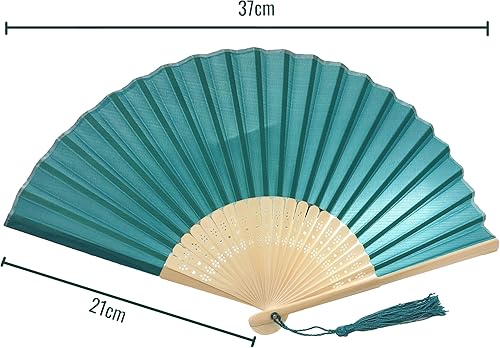 Miniatura 55 de FANSOF.FANS Abanico de mano plegable de mano de tela con borla de grado A, varillas de bambú para mujeres y niñas, fiesta de verano, eventos, Azul