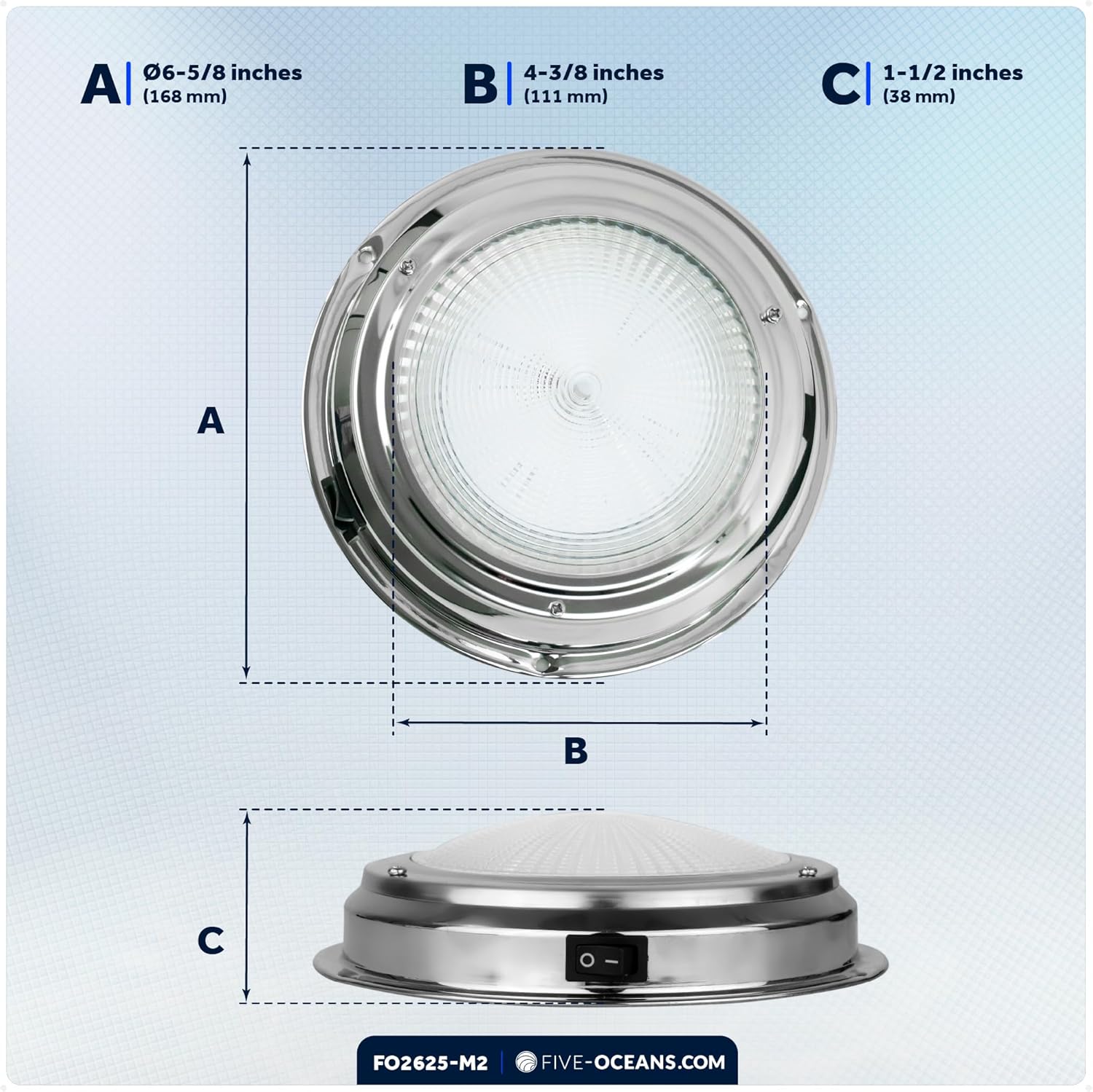 Five Oceans 6-Inch LED Marine Interior Dome Light, 2-Pack Round Stainless Steel Boat Cabin Light, Daylight White, On-Off Switch, 12V Surface Mount - FO2625-M2