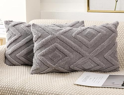 Juego de 2 fundas de cojín de piel sintética de 12 x 20 pulgadas, diseño de cuadros suaves y lumbares, fundas decorativas de estilo bohemio para