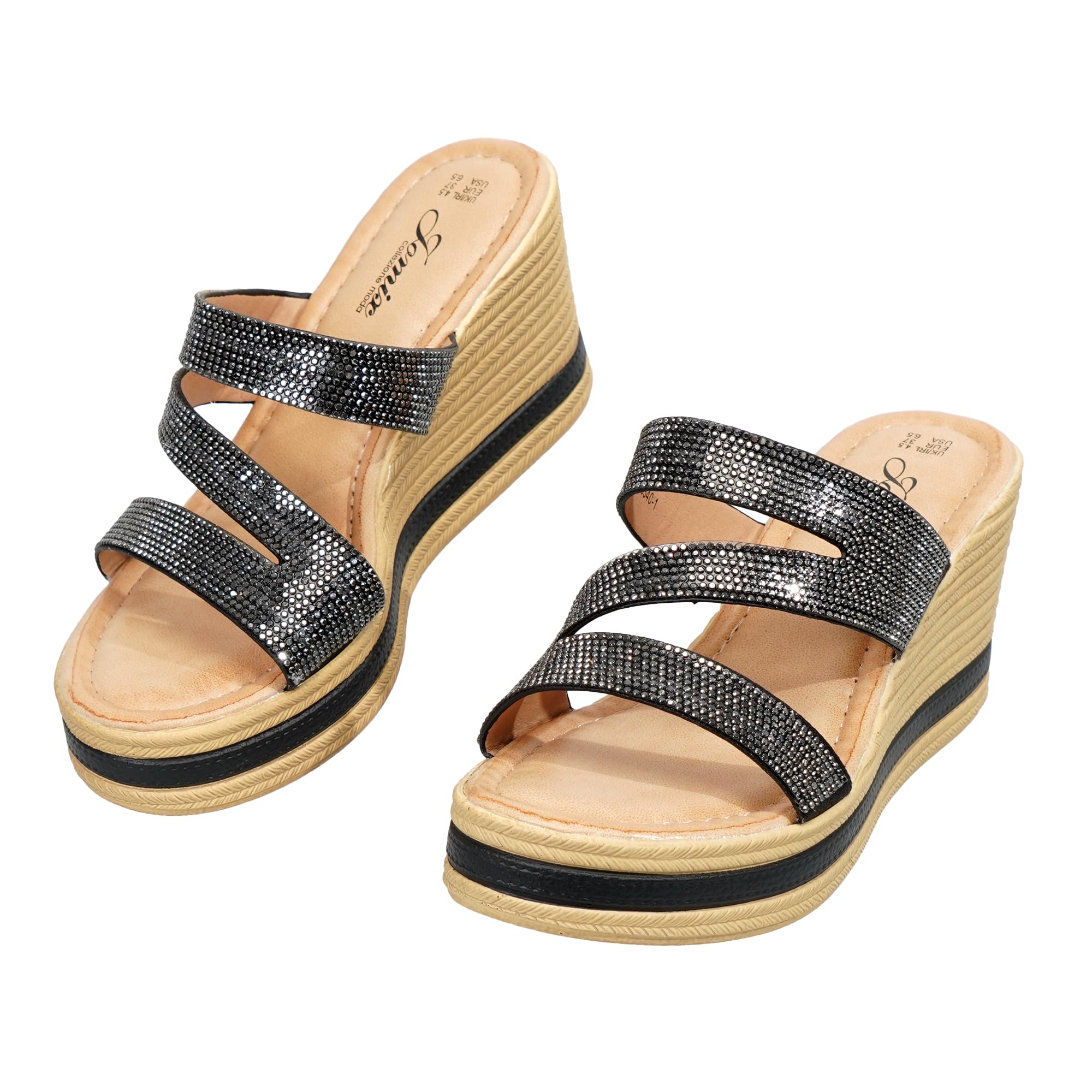 JOMIX Sandalen Damen mit Strass Pantoletten mit Keilabsatz Plateauschuhe Elegante Party Schuhe Bequeme Wedge für Damen