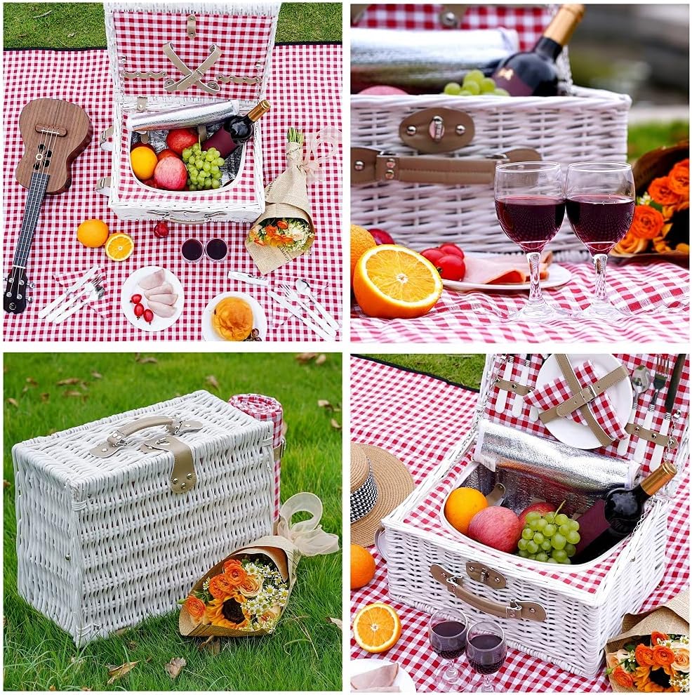 INNO STAGE Romantic Wicker Picnic Basket for 2 Persons, Special White Washed Willow Hamper Set with Big Insulated Cooler Compartment, Picnic Blanket and Cutlery Service Kit for Thanksgiving Day : Patio, Lawn & Garden