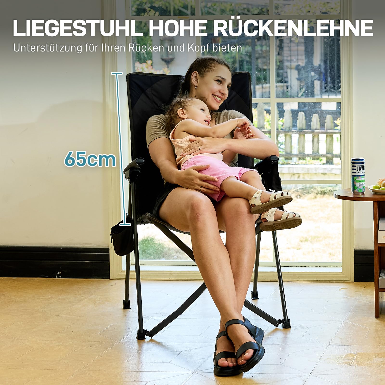 EVER ADVANCED Campingstuhl Faltbar Rückenverstellbar in 4 Positionen 160KG Belastbar, Klappstuhl Recliner Campingstuhl Klappbar mit Seitentasche & Getränkehalter, Angelstuhl für Camping Garten Balkon