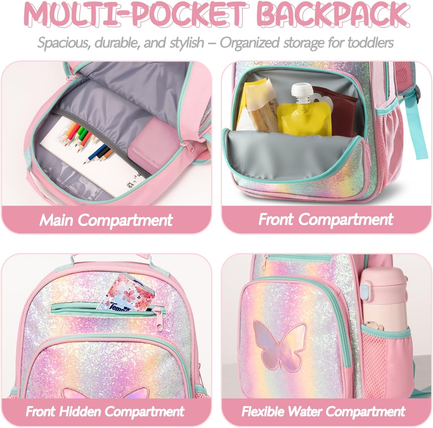 Toddler Backpack for Girls 2-4,Preschool Kindergarten Butterfly Backpacks,Small Backpack for Kids,Toddler Bookbag with Chest Strap image 4
