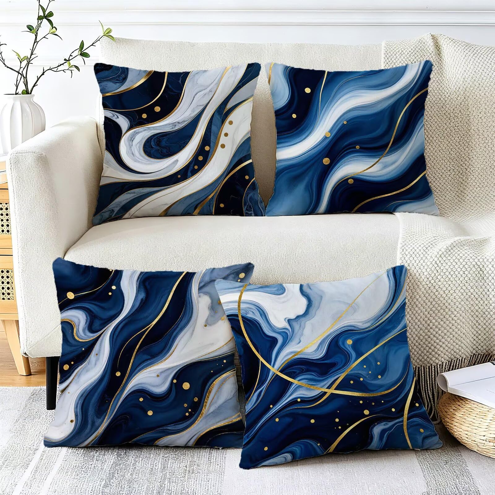 Blu Federe Cuscini Divano 50x50cm, Cuscini da Esterno Set de 4, Cod-90 | Velour Copricuscini Decorativi Letto Arredo, per Letto, Soggiorno, Giardino, Esterno, Casa Decorazione Set di 4 Linea