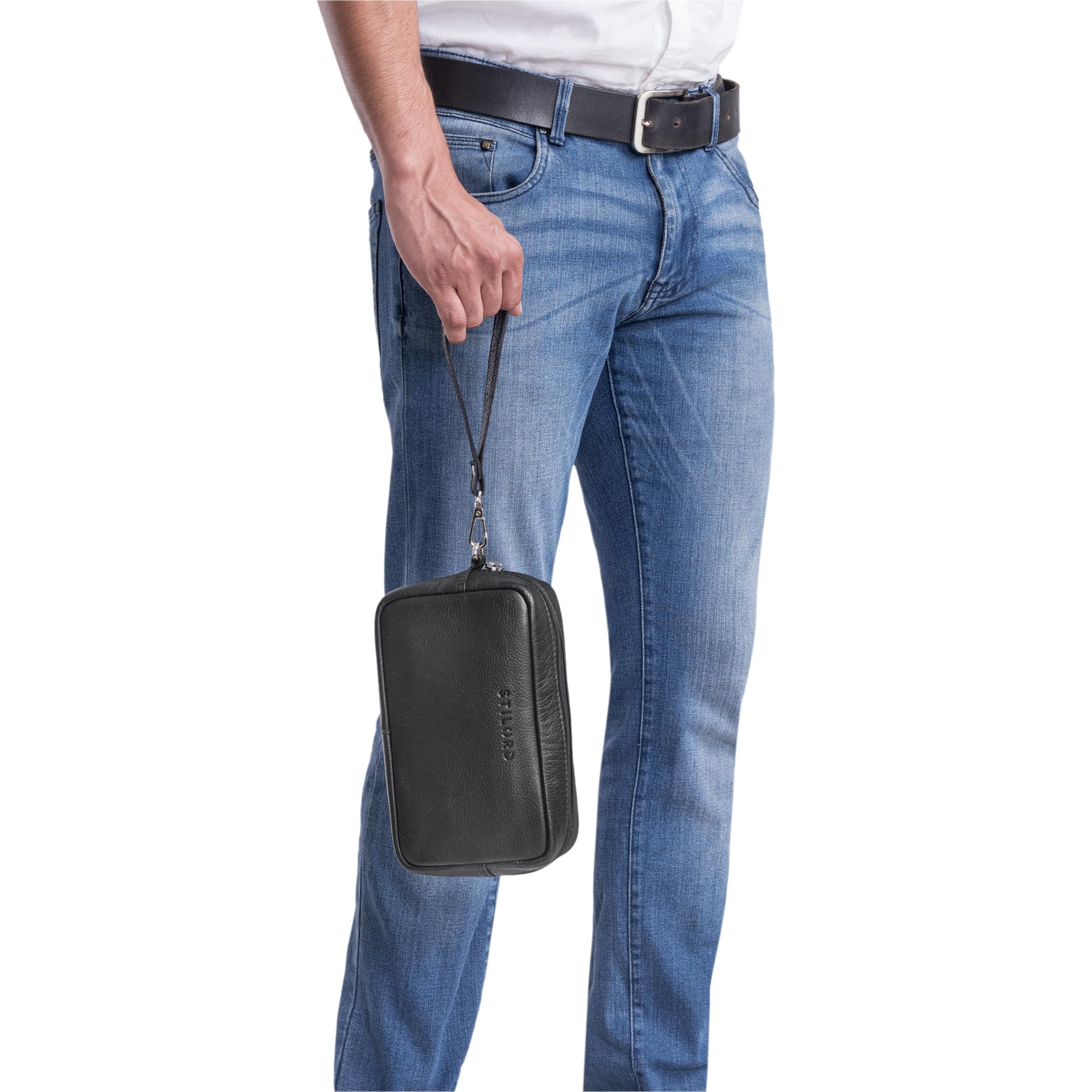 STILORD Larkin Bolso de Pulsera para Hombre Organizador de Piel Bolso de Piel pequeño Bolso para Hombre Bolso de Viaje XXL Bolso para Hombre Color:Negro