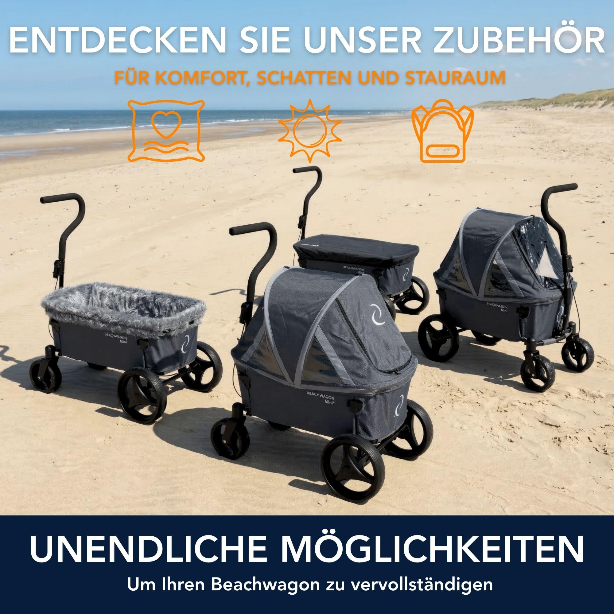 Beach Wagon Faltbarer Bollerwagen MINI Combideal - 40 kg - Kompakter und Leichter Handwagen mit Fleece Wanneneinlage - Strandwagen, Gartenwagen und Campingwagen - Dunkelgrau