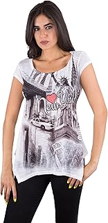 Made in USA - I Love New York NYC - Womens 3D Heart Tunic T-Shirt w/Rhinestones (NY-60A) Large