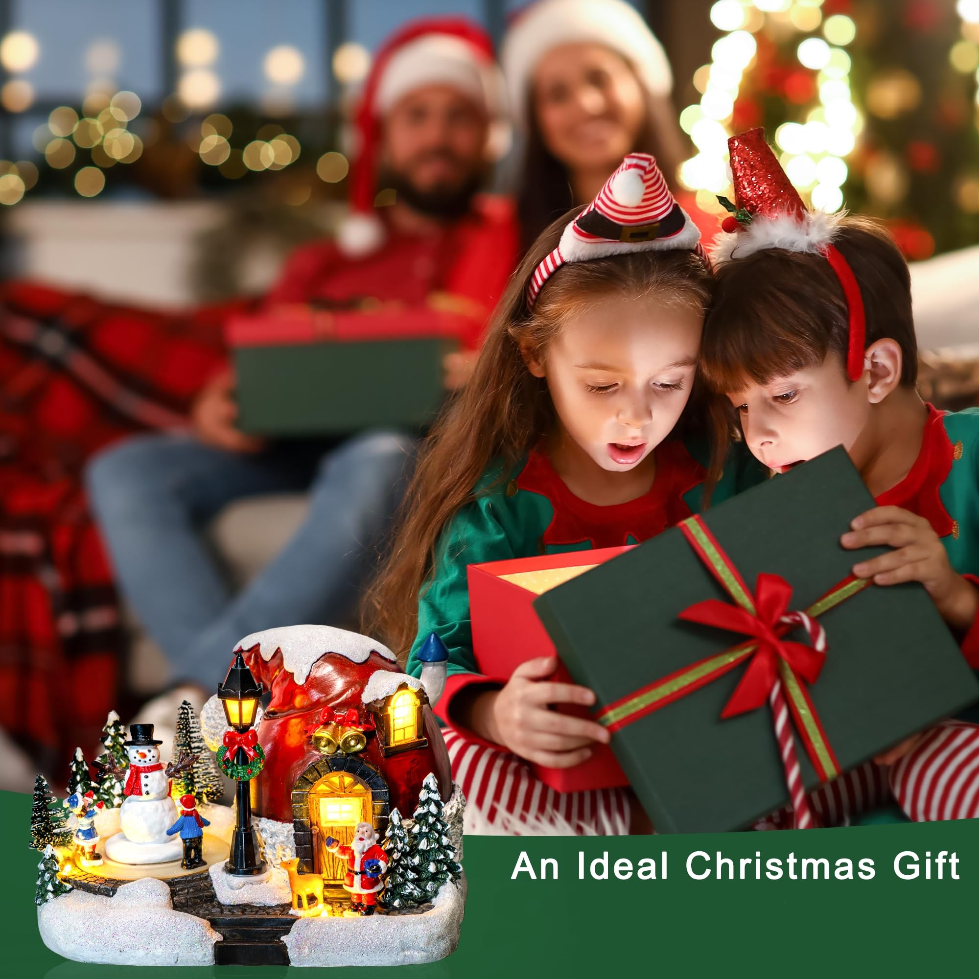 XPSCOCO Decoración musical mágica iluminada de pueblo de Navidad de 5.5 pulgadas, escena de taller de Papá Noel alimentada por USB para alegría de mesa de vacaciones