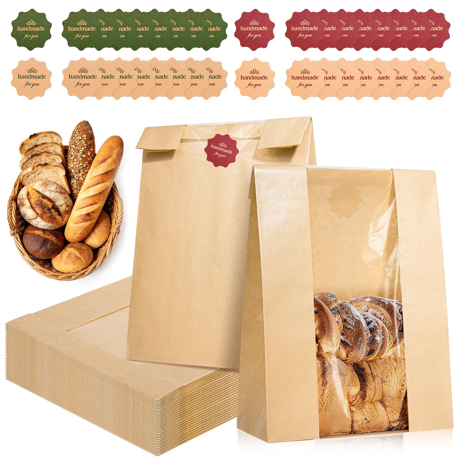 50 Pcs Bread Bags for Homemade Bread, Paper Sourdough Bags with window, Large Bakery Loaf Bag with Stickers for Cookies, Popcorns, Hamburgers (50,