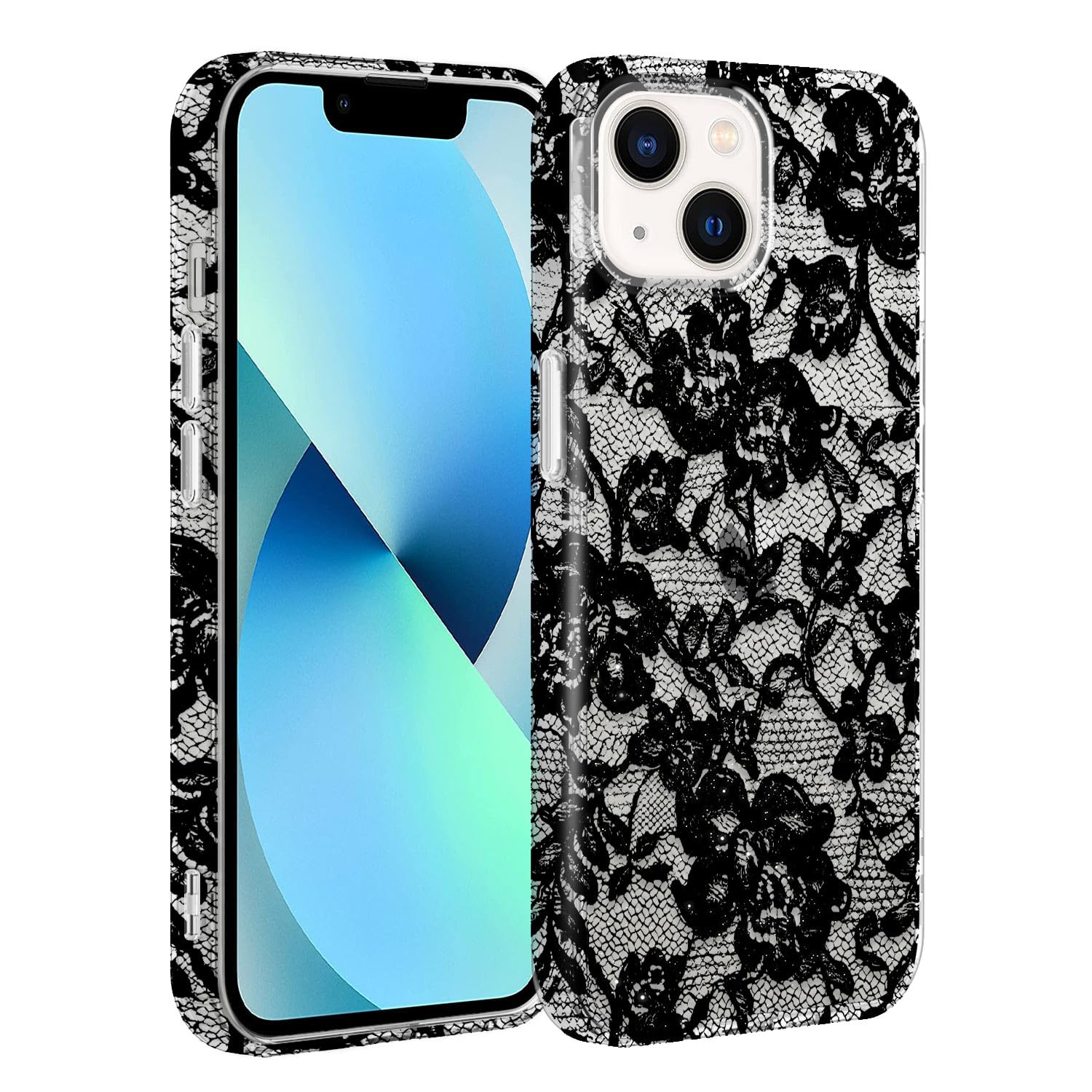 XTCASE Hülle für iPhone 13/14, Aesthetic Spitze Muster Frauen Mädchen Luxuriös Glitzer Bling Case Transparent Handyhülle Kratzfeste PC Rückseite + TPU Bumper Stoßfest - Schwarz