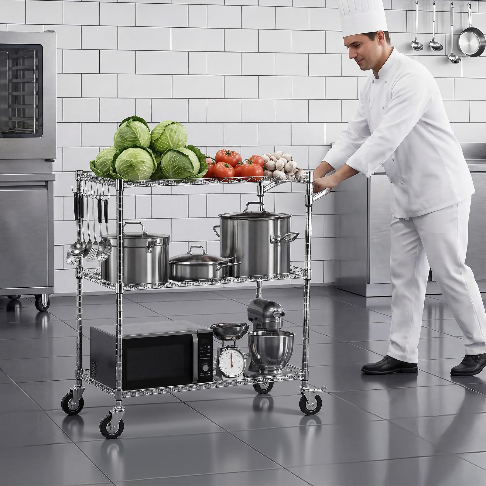 VEVOR Carrito de Cocina de 3 Niveles, Estante de Almacenaje de Alambre Ajustable, Carrito Auxiliar con Ruedas Giratorias y Asa, Carro de Servicio para Cocina, Garaje, Lavadero, 89 x 45,3 x 104 cm