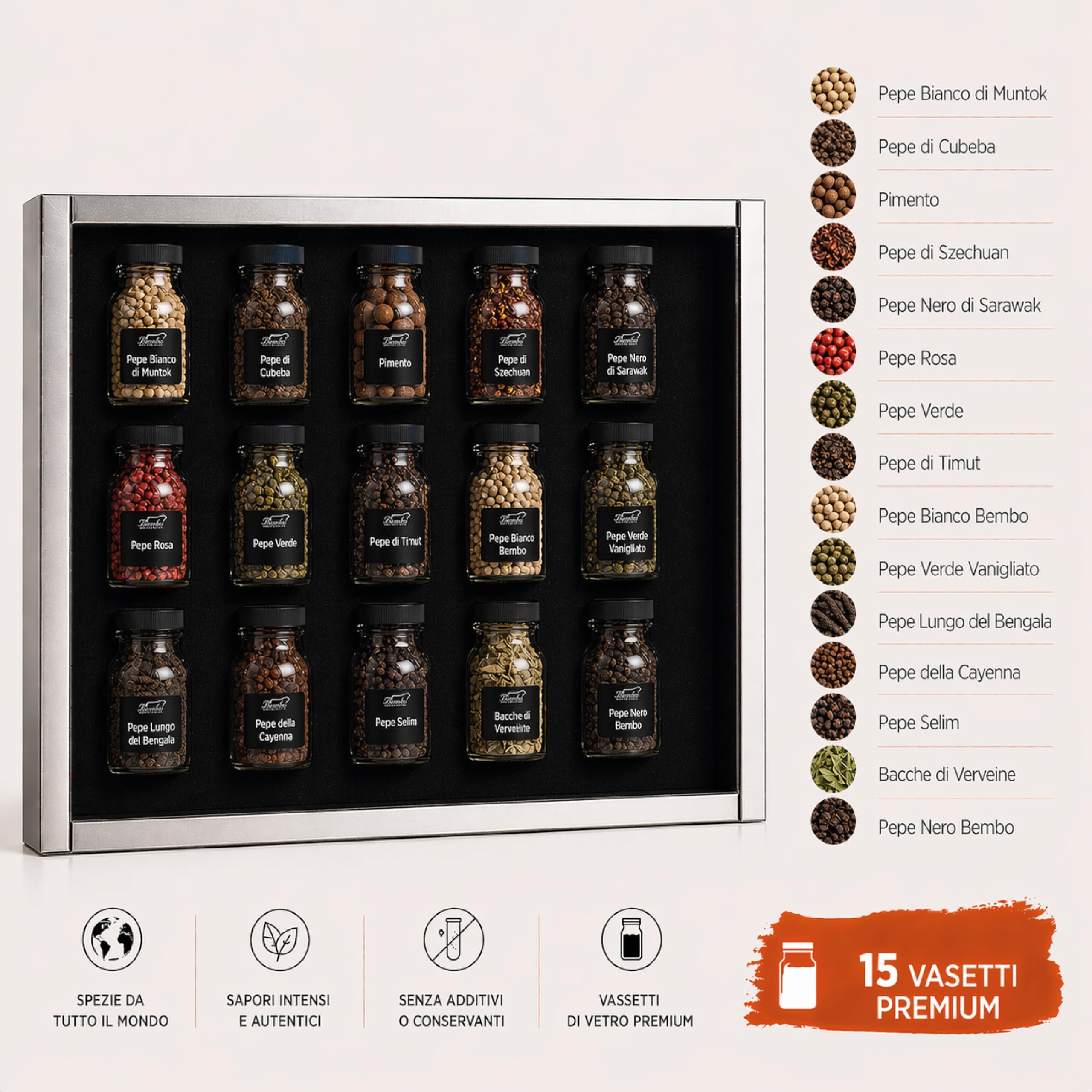 Bembo Set Regalo 15 Pepi del Mondo – Collezione Degustazione | 15 pepi da guardare, toccare, annusare e assaggiare. Un viaggio tra aromi del mondo. Made in Italy.
