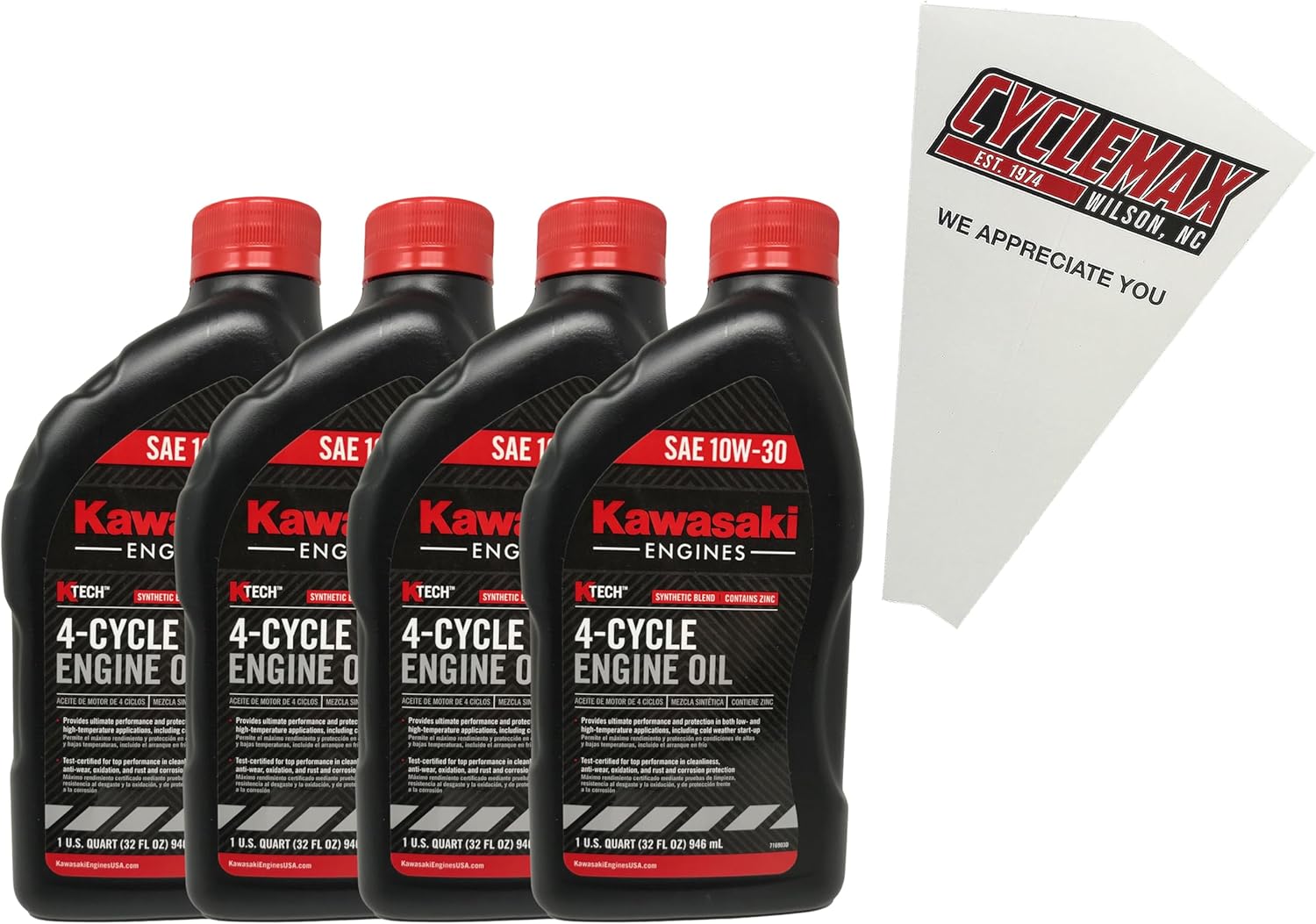 Cyclemax Four Pack compatible with Kawasaki SAE 10W-30 4-Cycle K-Tech Lawnmower Engine Oil 99969-6081 Contains Four Quarts and a Funnel