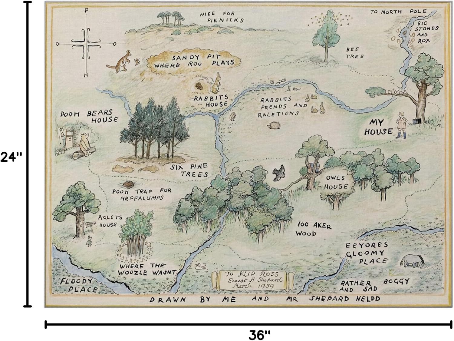 Lazun 100 Acre Wood Map The Pooh Jungle Rug - Area Rug for Home Décor, Soft, Non-Slip, Durable for Kid's Room, Living Room, Bed Room (36 * 24 Inches)