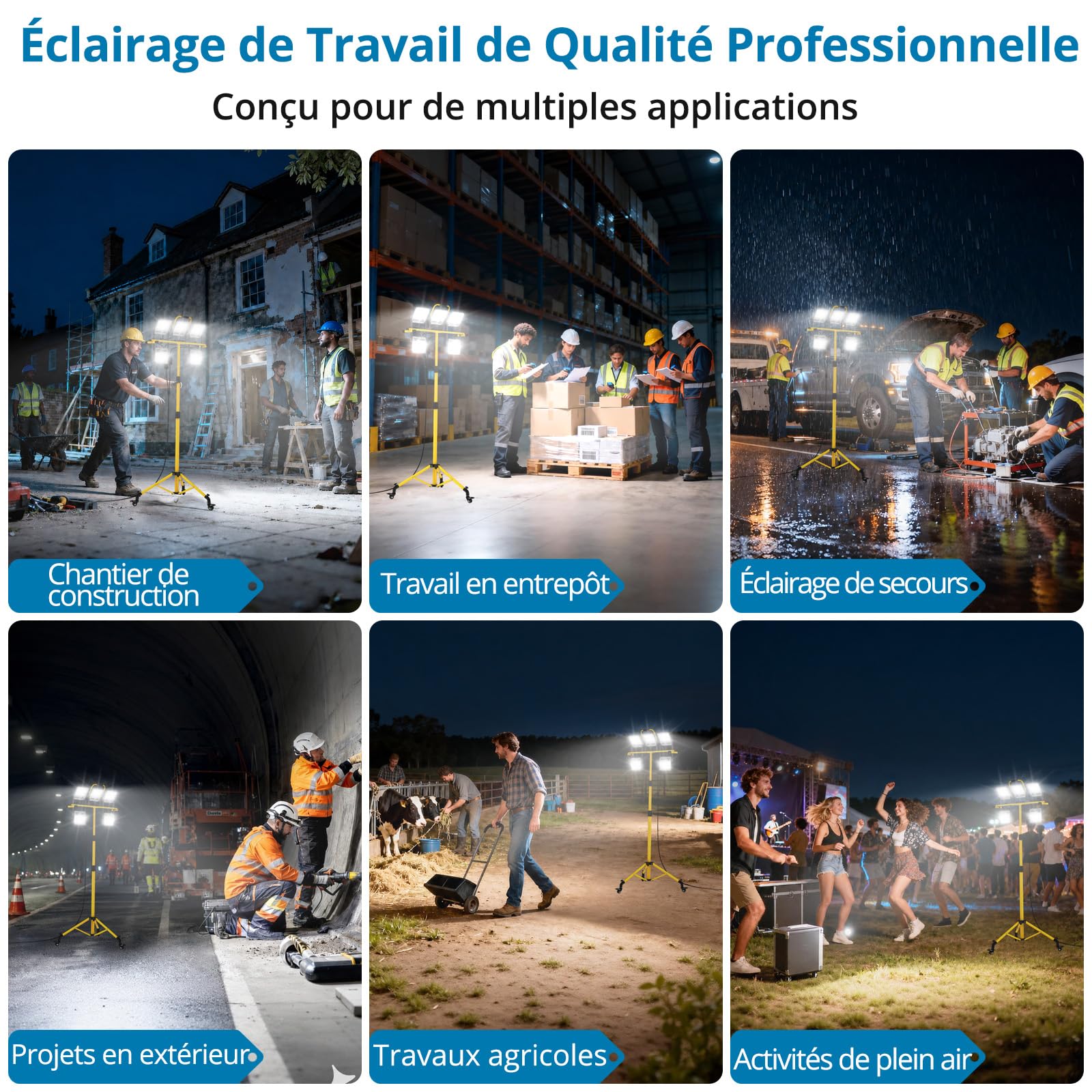 AUTOUTLET Projecteur de chantier LED avec trépied et roulettes, 5 x 70 W, 28 500 lm, éclairage de travail, lumière blanche froide 6 500 K, trépied réglable en hauteur, câble de 5 m, étanche IP66