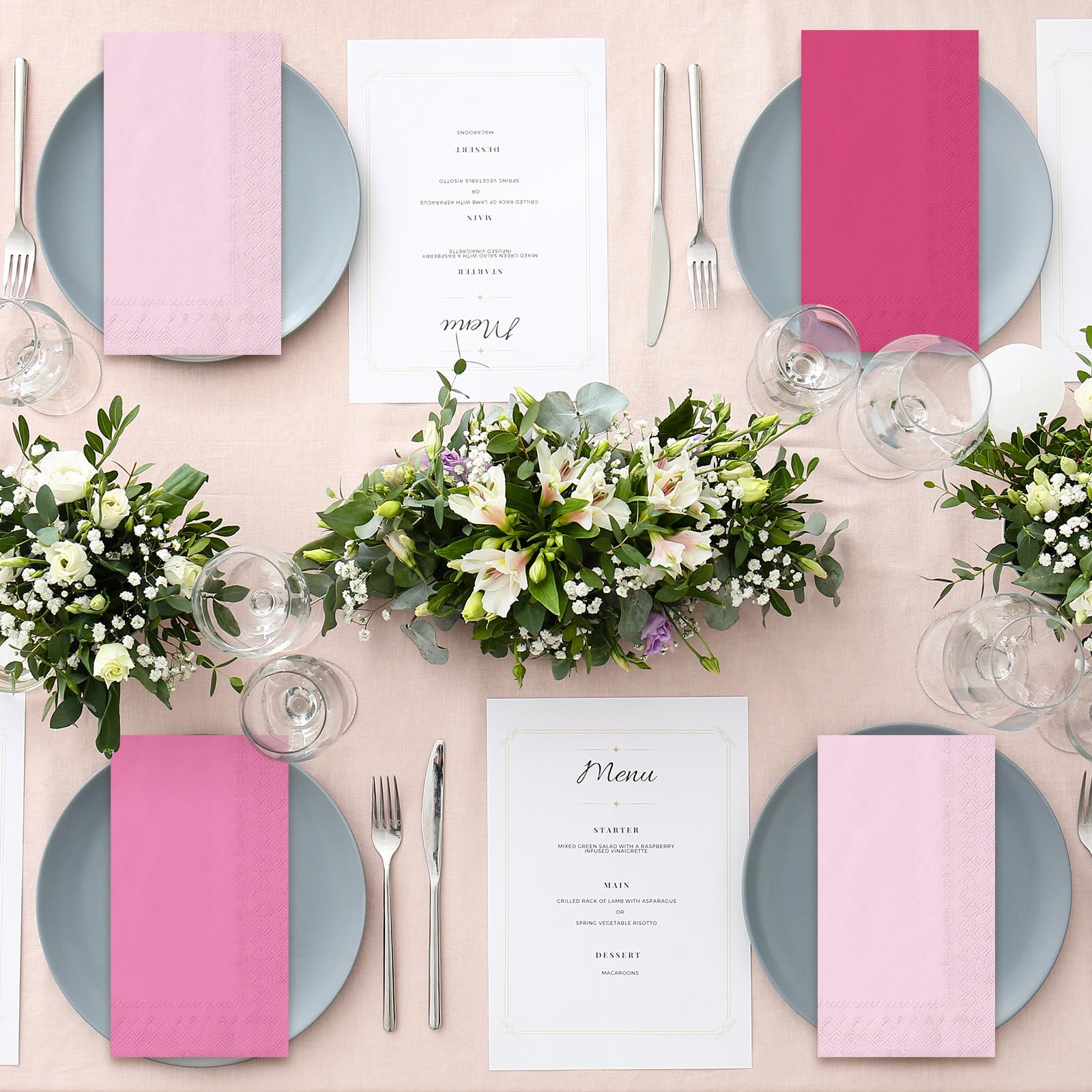 Whaline Lot de 150 serviettes en papier jetables pour invités - 10 x 20 cm - 3 couleurs - Thème rose - Serviettes de table pour fête, fête, réunion, décoration de table