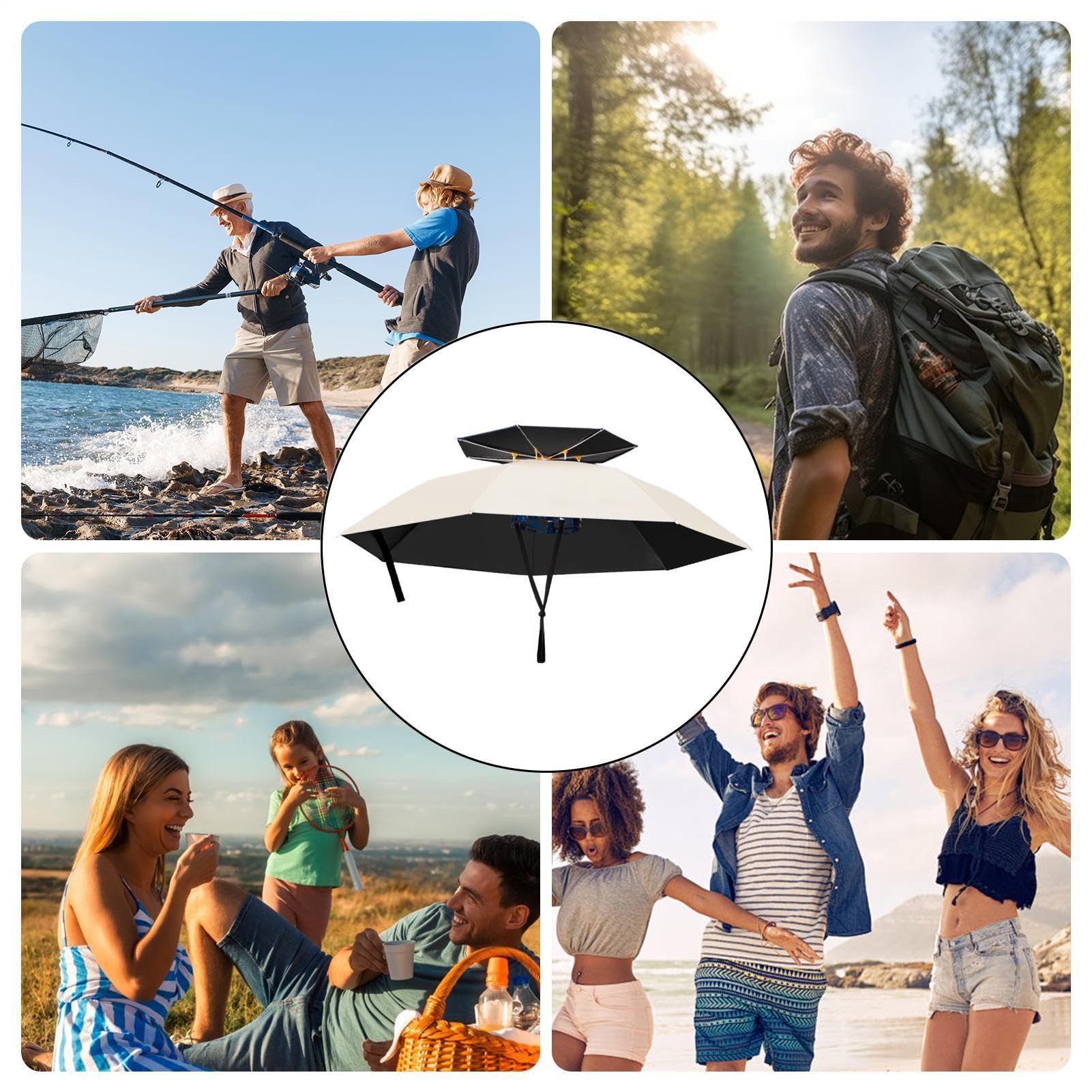 Sombrero Paraguas Para Adultos,Protección Contra Rayos UV Impermeable Ajustable de Doble Capa - Paraguas De Cabeza Para Uso Exterior - Para Viajes Al Aire Libre Senderismo Parques Caminatas Jardinería