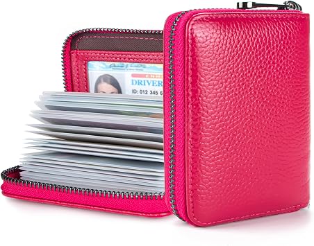 Suweibuke Genuine Leather Credit Card Holder Zipper Wallet RFID Blocking Secure Card Case ID Case Organizer Rose Red