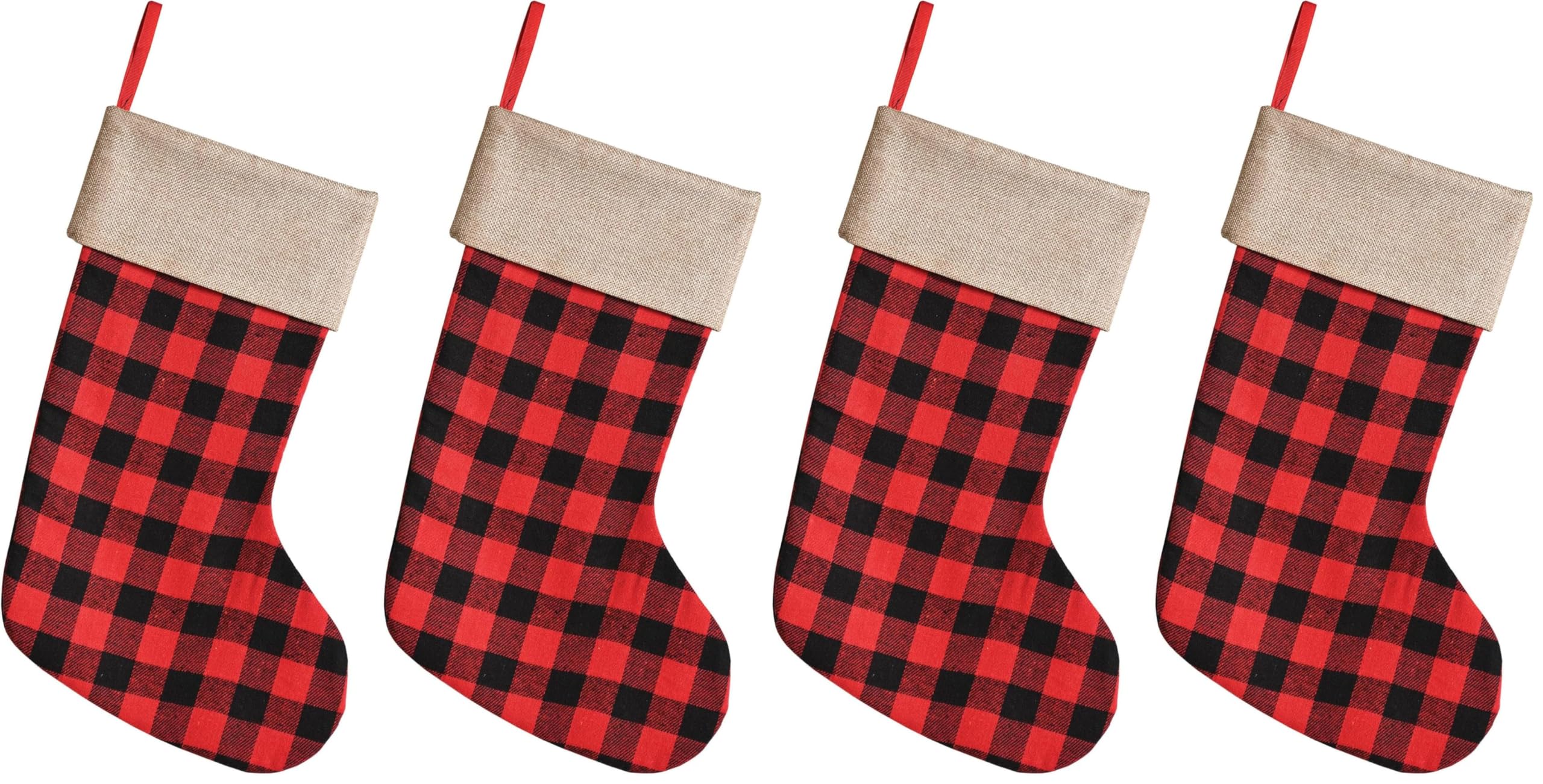 Beistle 2 Piece Red &amp; Black Buffalo Plaid Christmas Stockings With Faux Burlap Trim Happy Holidays Fireplace Hanging Decorations (Pack of 2)