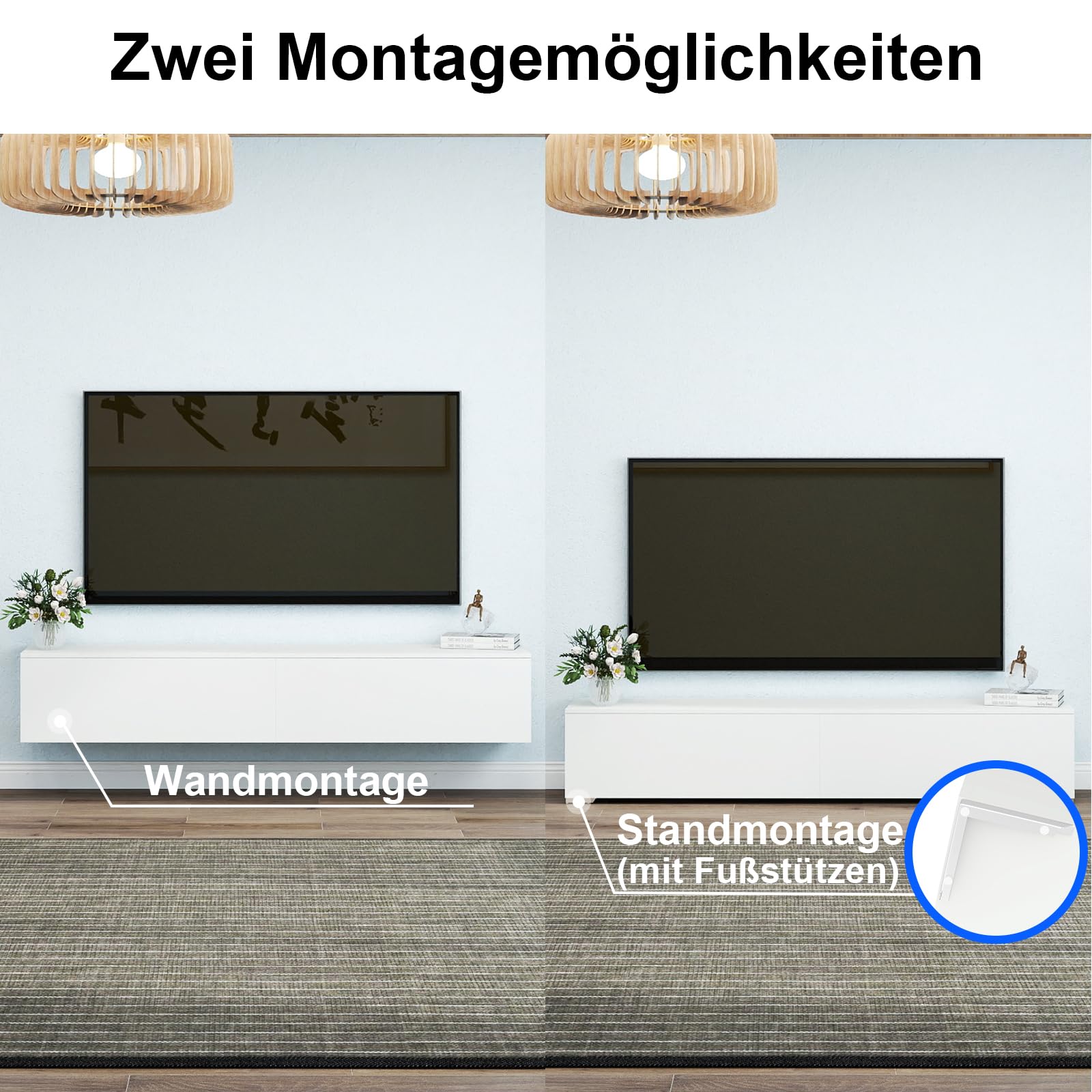 Meuble TV Blanc 180 cm, avec 2 Compartiments de Rangement, avec lumières LED, Meuble TV Suspendu, adapté au Salon, Chambre à Coucher, Style Moderne, Blanc