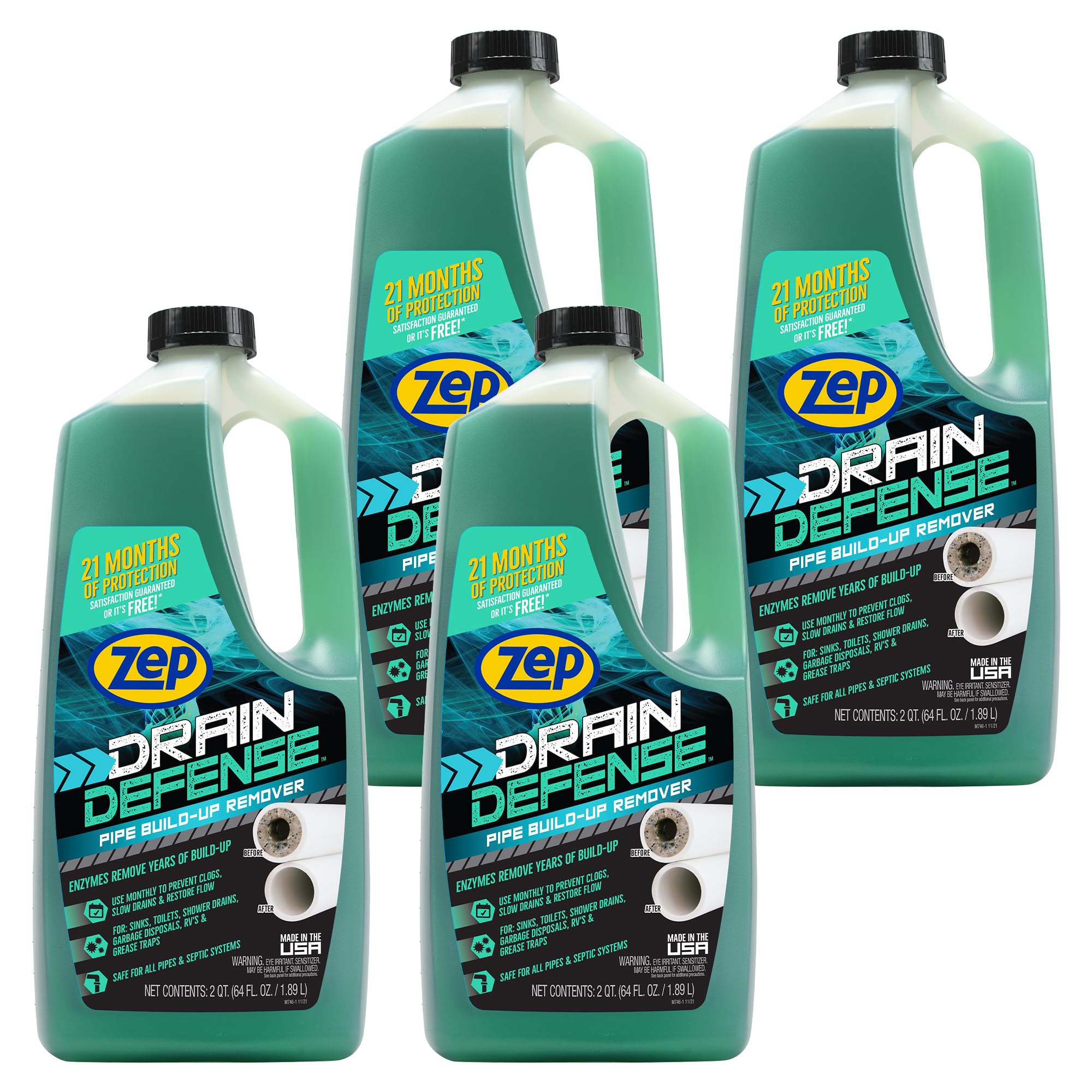 Zep Drain Defense Pipe Build-Up Remover - 64 oz (Case of 4) ZLDC64 - Professional Strength Liquid Pipe Build Up Remover