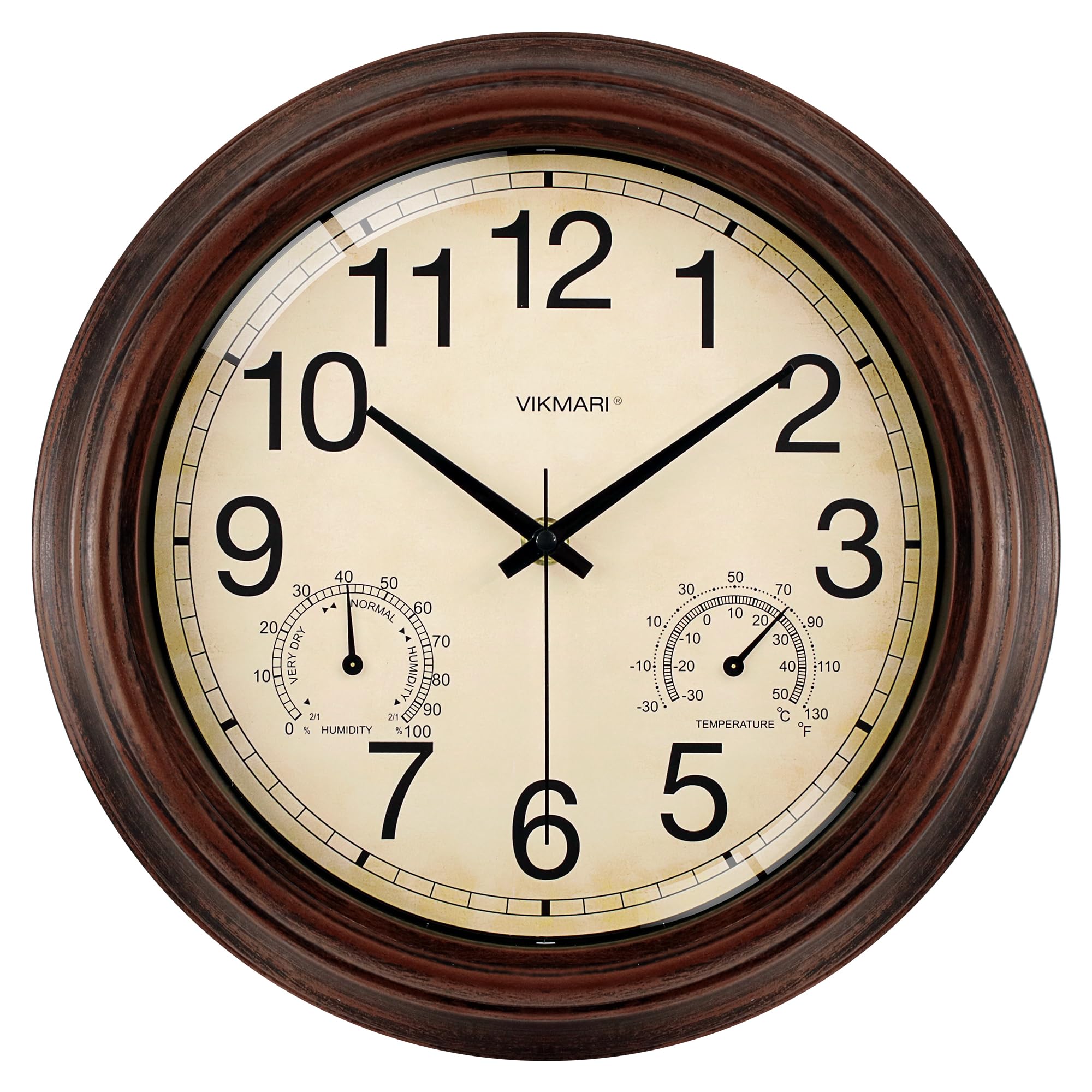 VIKMARI 12" Brown Waterproof Outdoor Wall Clock Silent Temp & Humidity