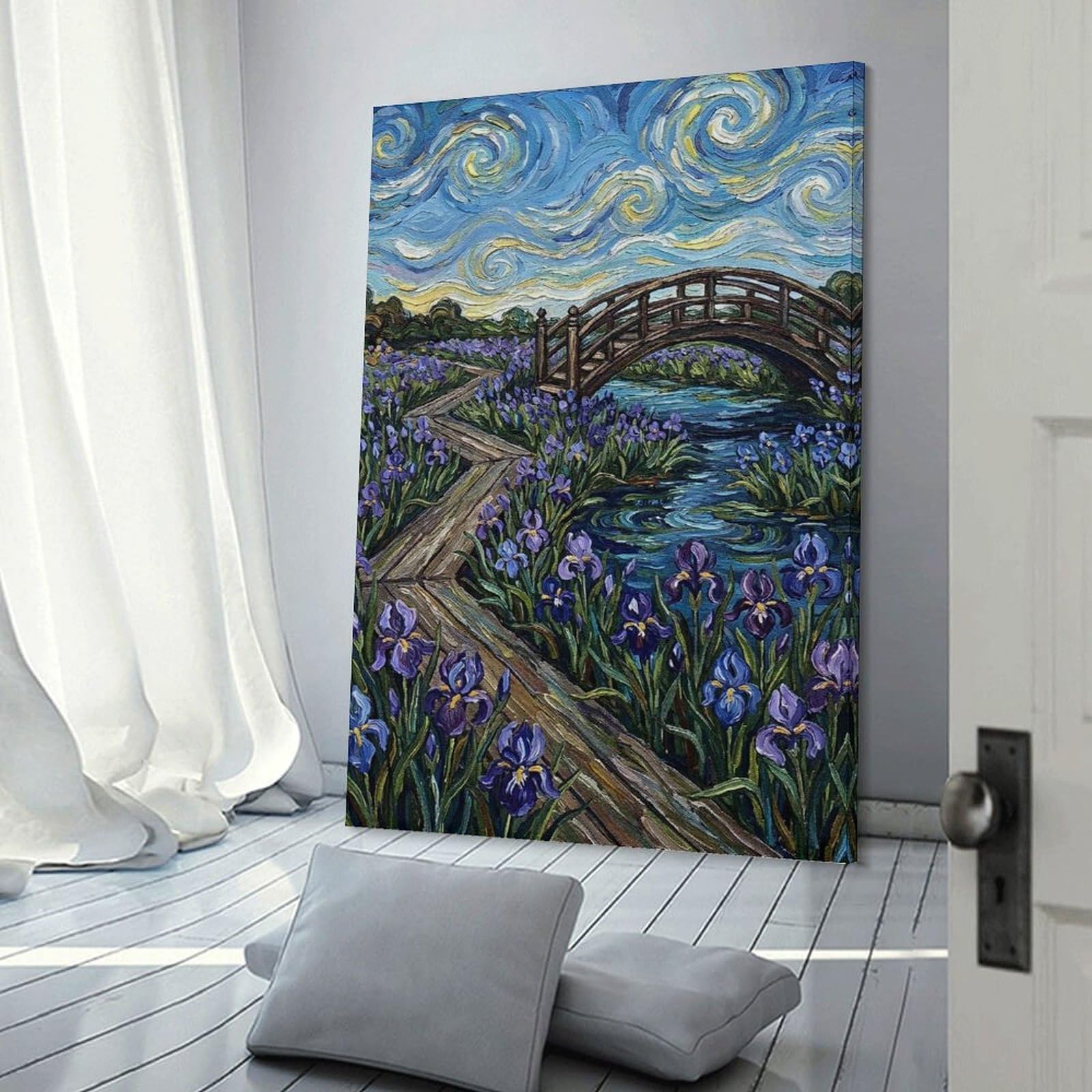 Junmoney Bridge over Irises in Starry Sky Room Decor Wall Art, 08x12inch(20x30cm), for Office, Study Or Home Workspace, Decorative Artwork for Productive Spaces