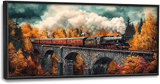 Train Wall Art, Fall Steam Train Pictures Wall Decor, Autumn Mountain Canvas Prints, Bridge Track Painting, Large Framed Artwork for Living Room Bedroom Kitchen Bathroom Office Dining Room 60"x 30"
