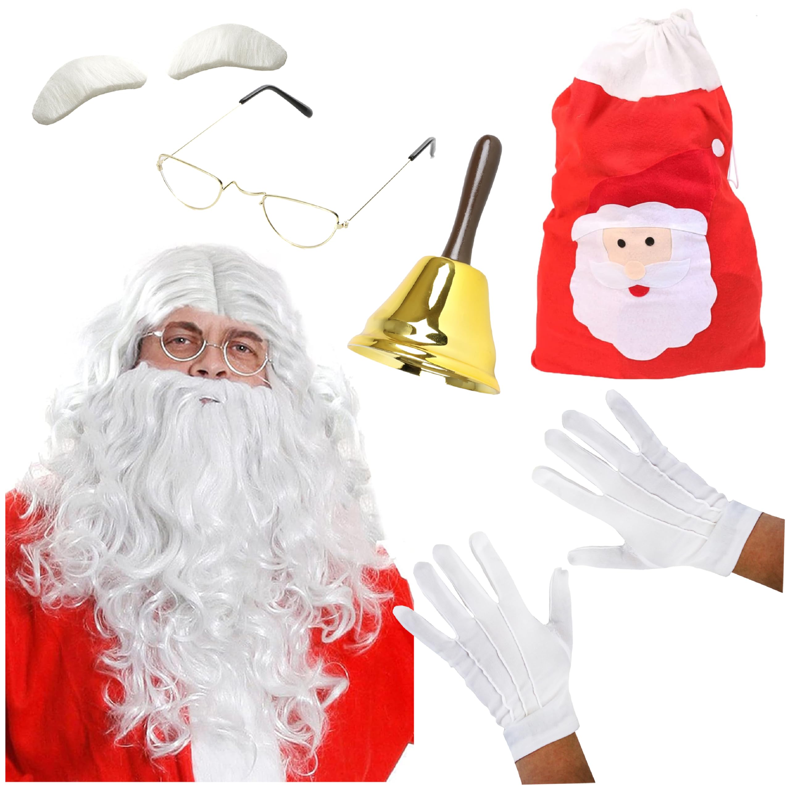 I LOVE FANCY DRESS LTD Set Di Babbo Natale Set Accessori Costume Deluxe Babbo Natale 7 Pezzi Accessori Completi Include Parrucca Barba Guanti Occhiali Sopracciglia Sacco Santa Campana