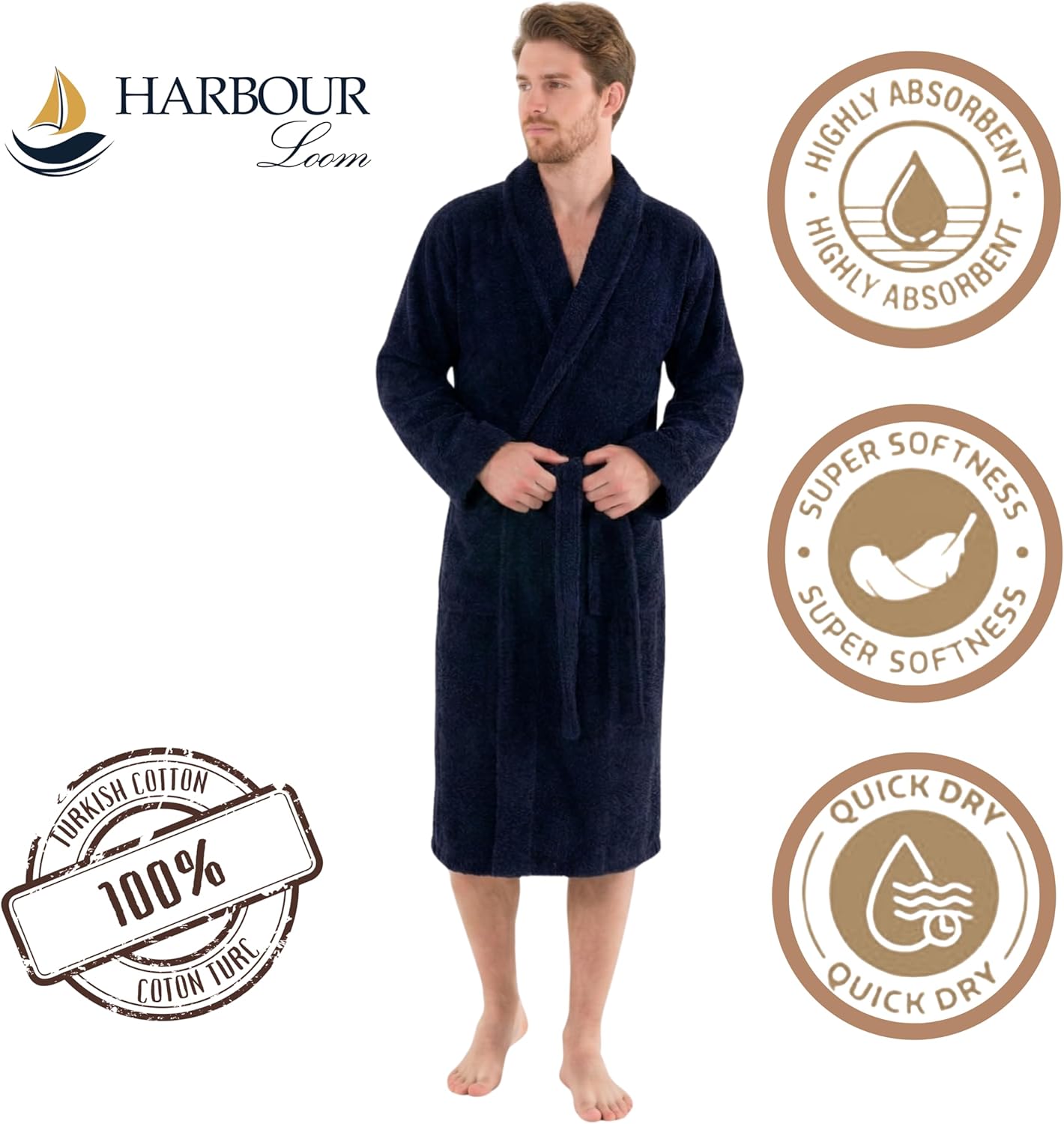 Relaxed Fit Mens Bathrobe 100% Turkish Cotton Terry Cloth Robe Housecoat Soft Absorbent Spa Hotel Luxury