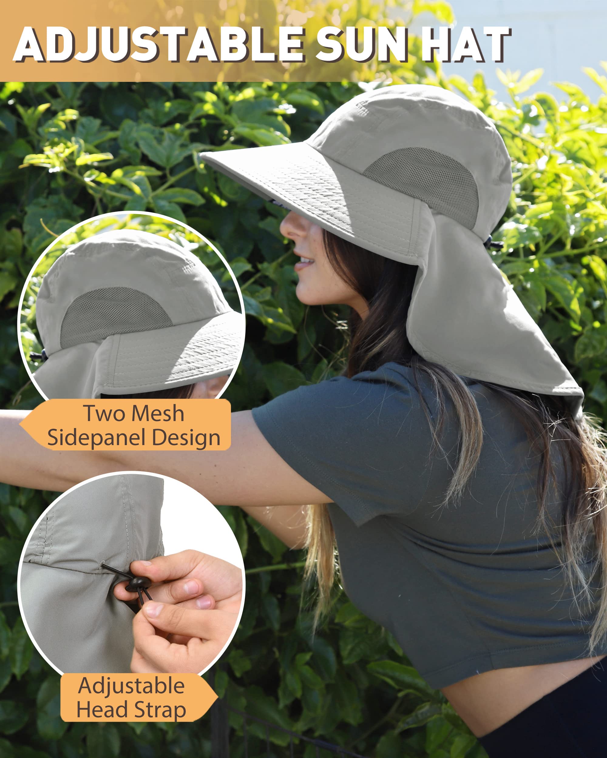 Sombrero de senderismo para mujer, sombrero de ala ancha con solapa de cuello grande, protección solar UPF 50+, #1 Gris 3