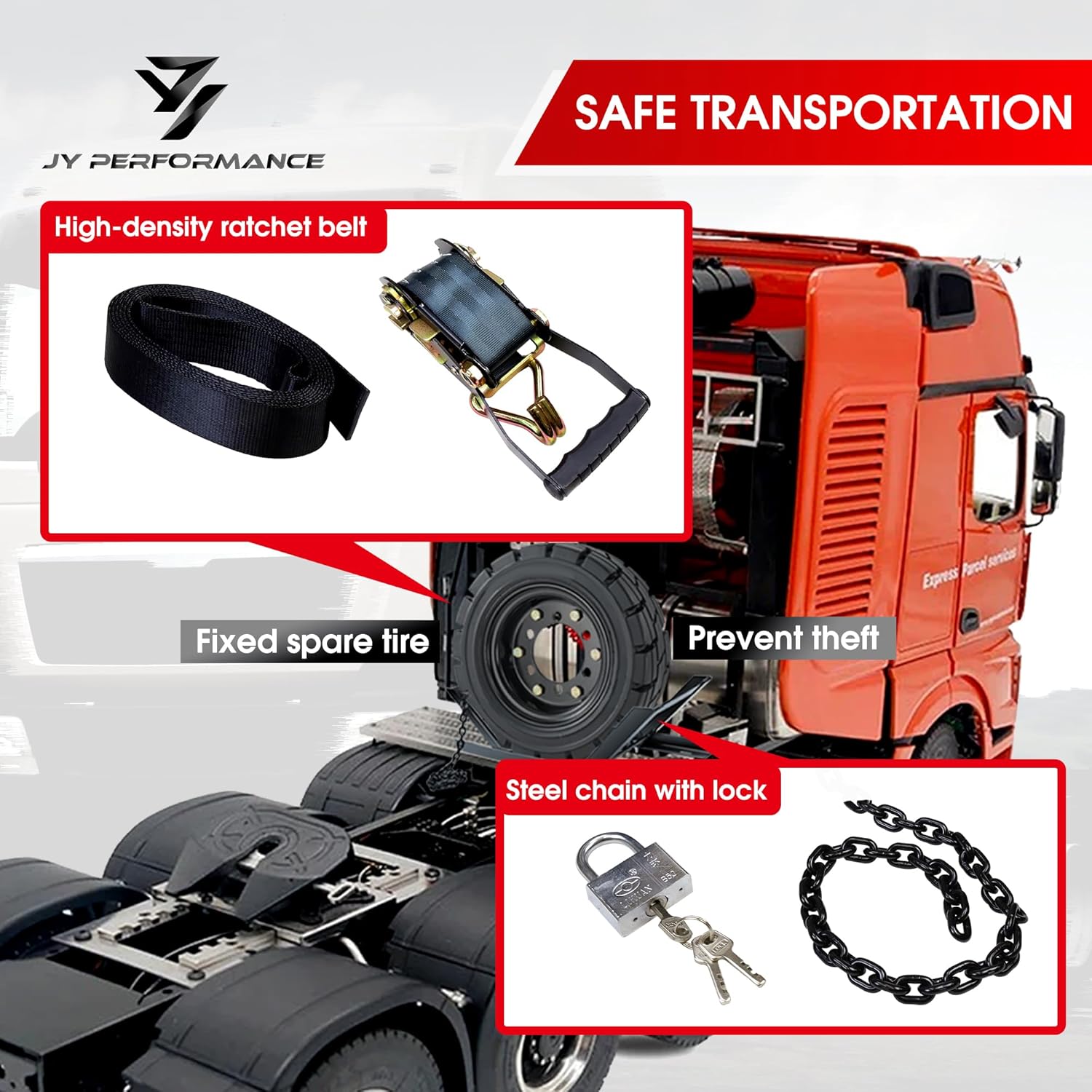 JY PERFORMANCE Semi-Truck Spare Tire Rack, Adjustable Tire Carrier, Ratchet Strap Chain, Black, DAC927