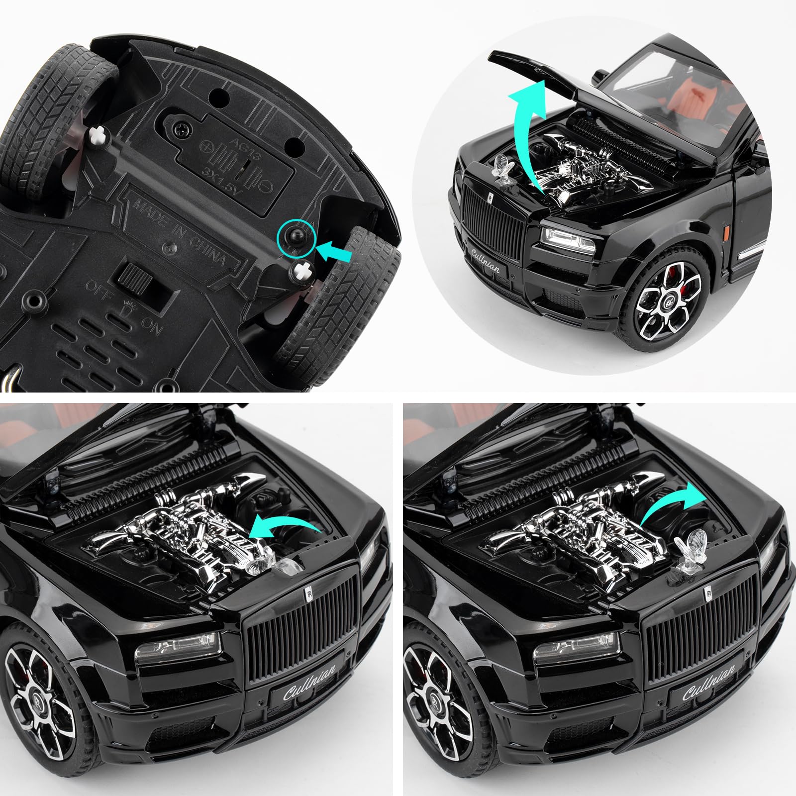 imtfzct 1/24 Rolls Royce Cullinan Alloy modellino auto giocattolo da collezione, regalo per bambini, auto giocattolo con funzione audio e luce e funzione pull-back (nero