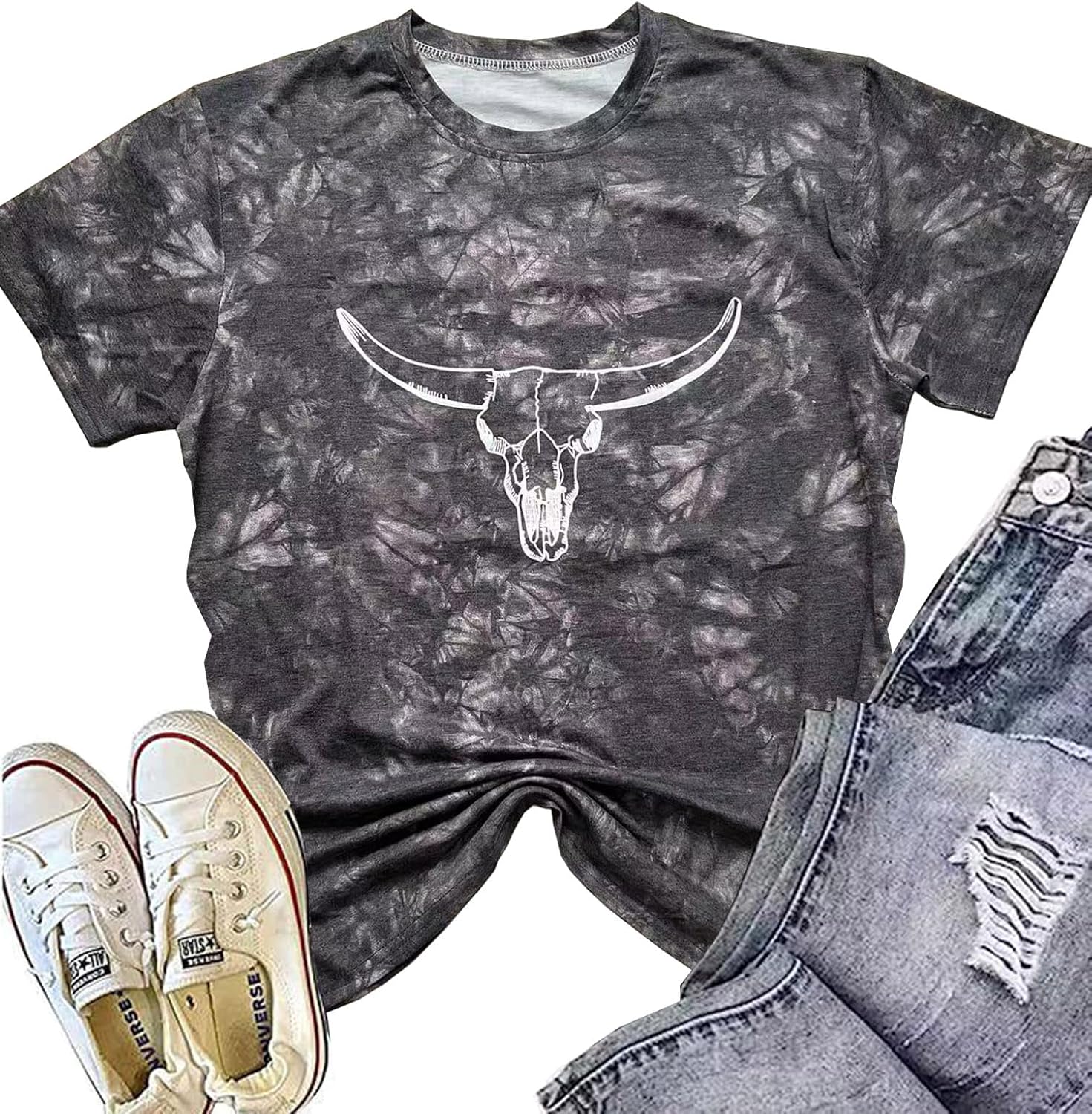 Retro Steer Skull Western T-Shirt Women Vintage Country Music Shirt Cute Cowgirl Graphic Cowboy Tees Tops - Image 2