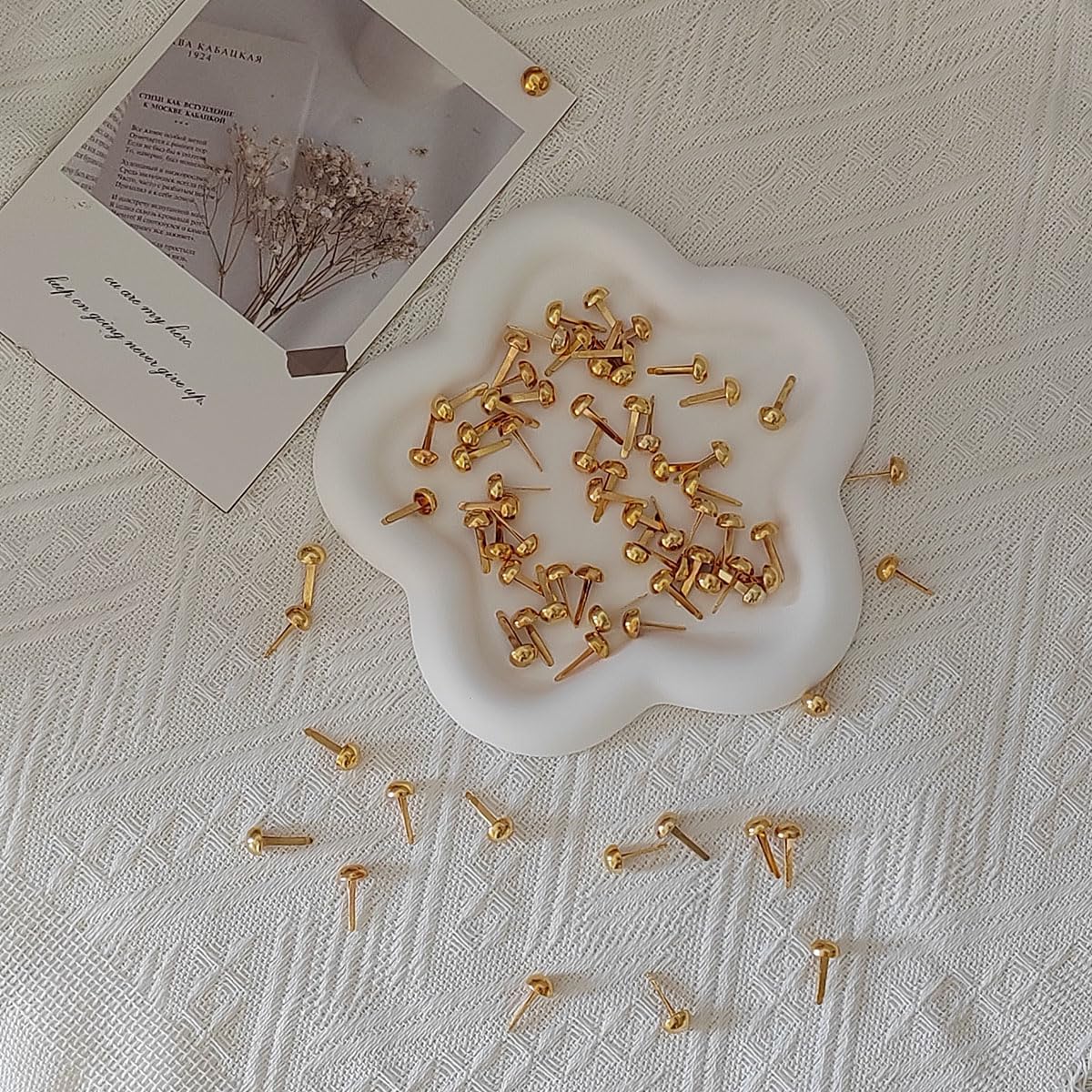 300 PCS Gold Brass Paper Fasteners, 8x15mm Round Mini Split Pins for Scrapbook Card Making Journaling, DIY Craft Supplies Embellishments