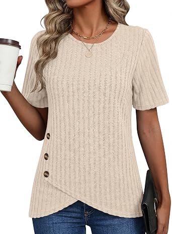 AKEWEI Womens Tops Short Sleeve Shirts Crew Neck Tunic with Buttons Spring Summer Outfits for Women Trendy 2026