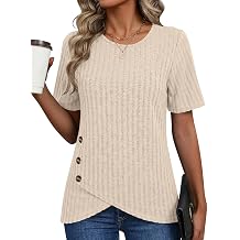 AKEWEI Womens Tops Short Sleeve Shirts Crew Neck Tunic with Buttons Spring Summer Outfits for Women Trendy 2026