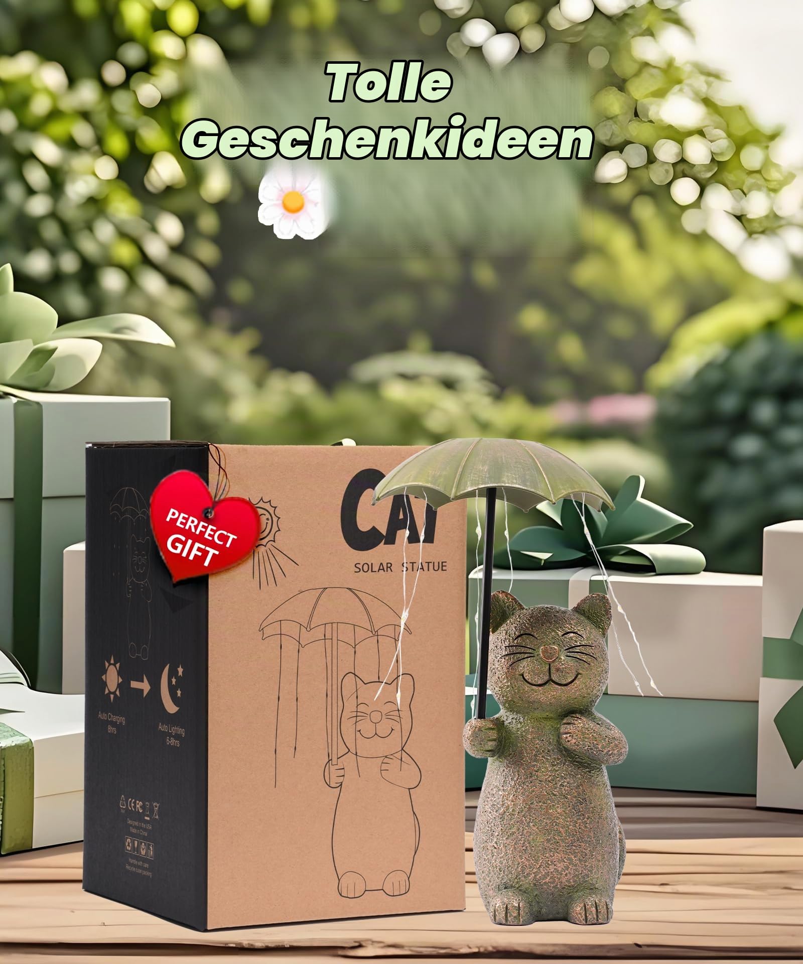 Yeomoo Katzen Deko mit Solar LED Regenschirm Gartendeko Geschenk Kupfer