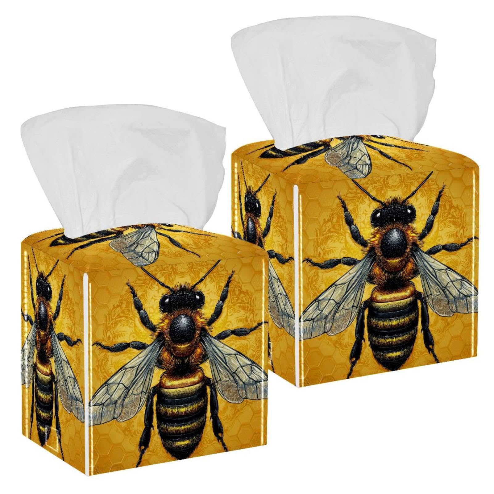 Bee Tissue Box Cover, 2 Pack PU Leather Square Facial Tissue Dispenser Box holder for Home Office Car