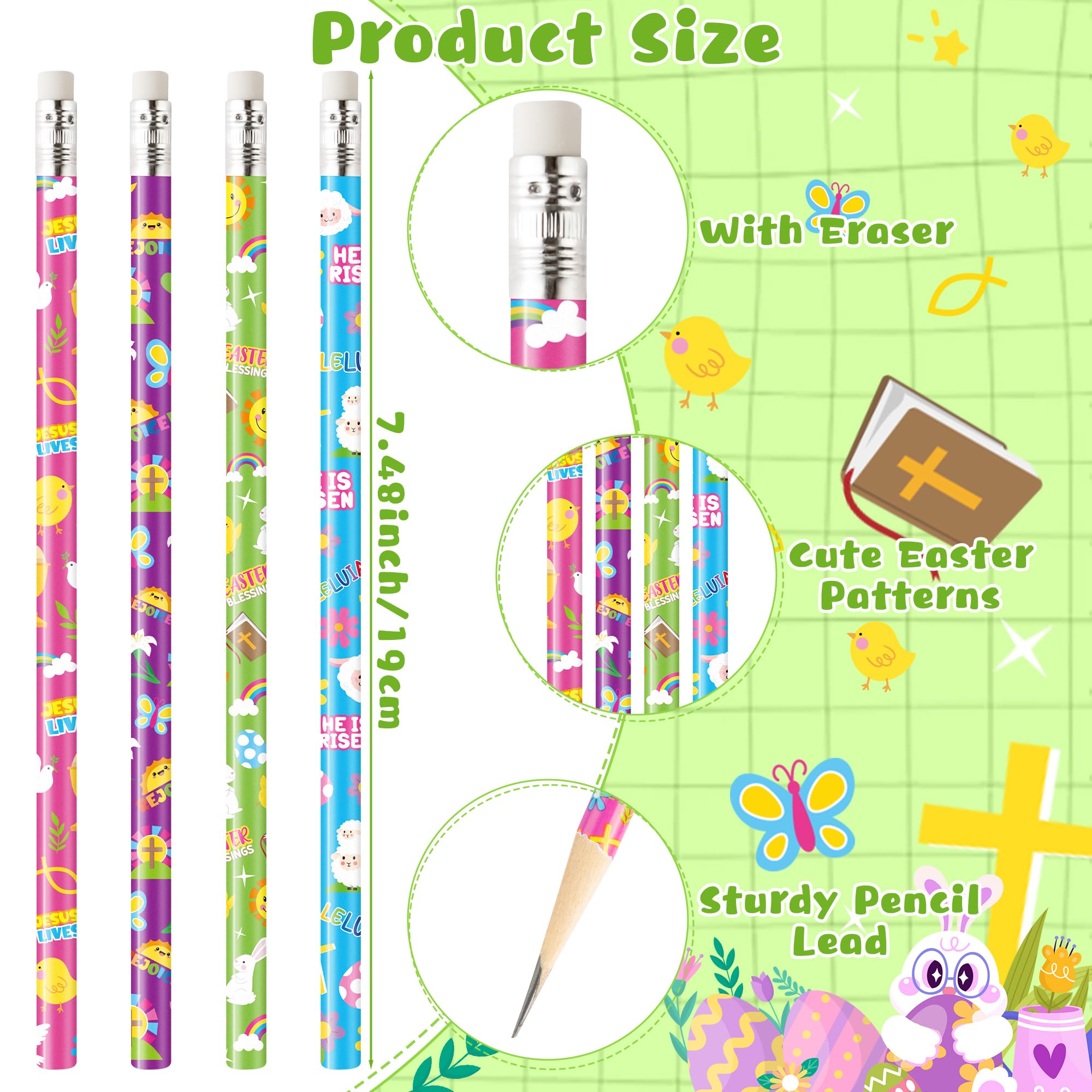 Xqumoi 60Pcs Easter Religious Pencils with Eraser - He is Risen Christian #2 HB Pencils, Sunday School Classroom Student Rewards Office Supply Holiday Gift Goodie Bag Fillers Stuffers Party Favors