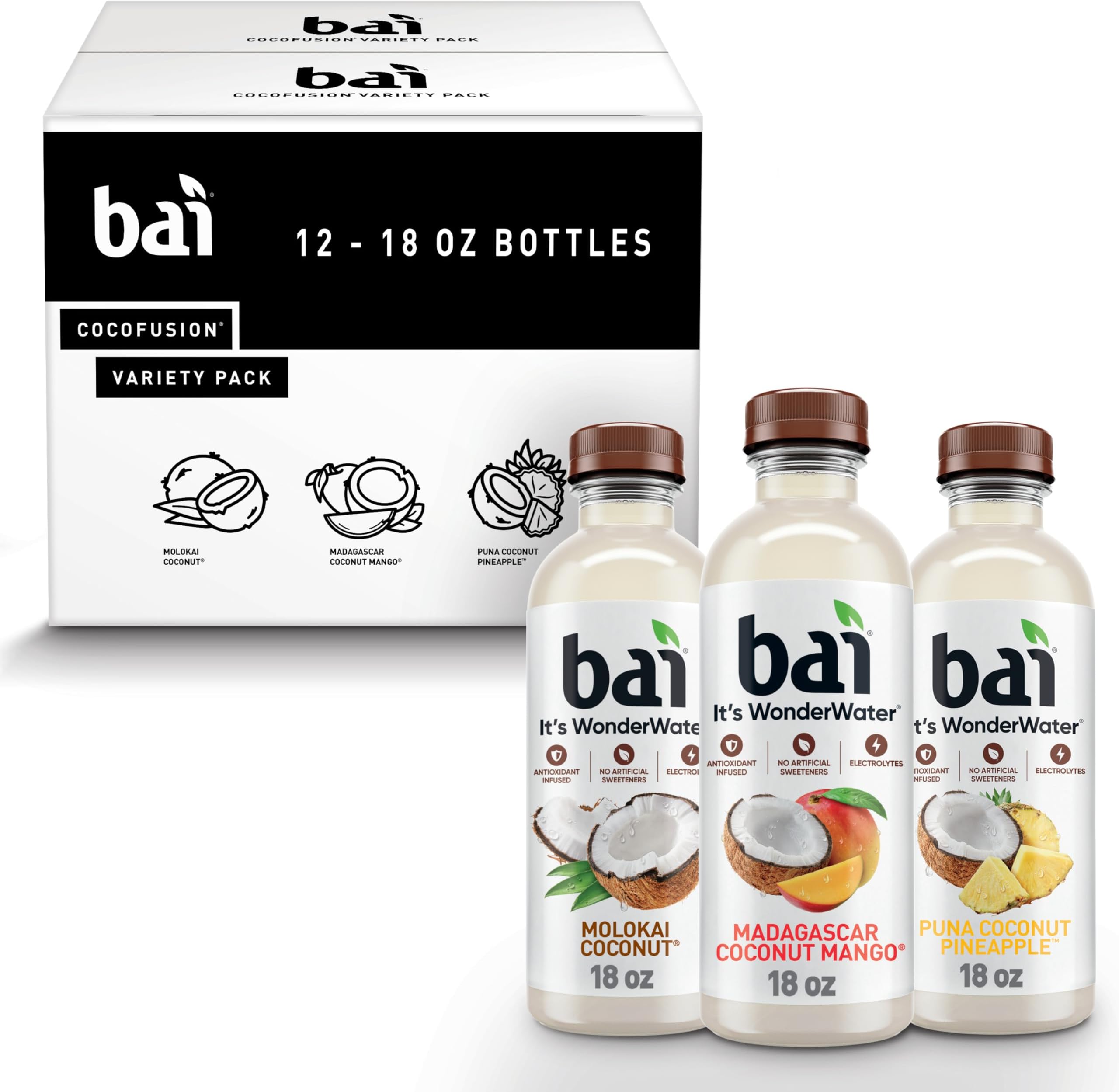 Bai Coconut Variety Pack, Antioxidant Infused Water Beverage, with Vitamin C and No Artificial Sweeteners, 18 fl oz bottles, 12 pack